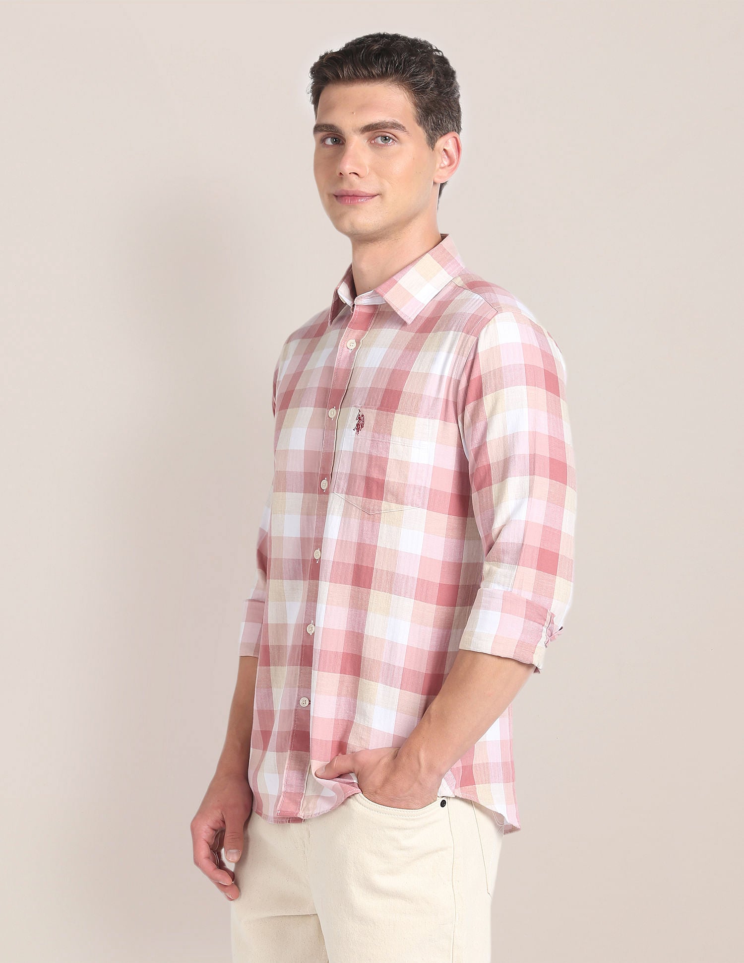 Plaid Check Premium Cotton Shirt Peach - U.S. Polo Assn. India | Large