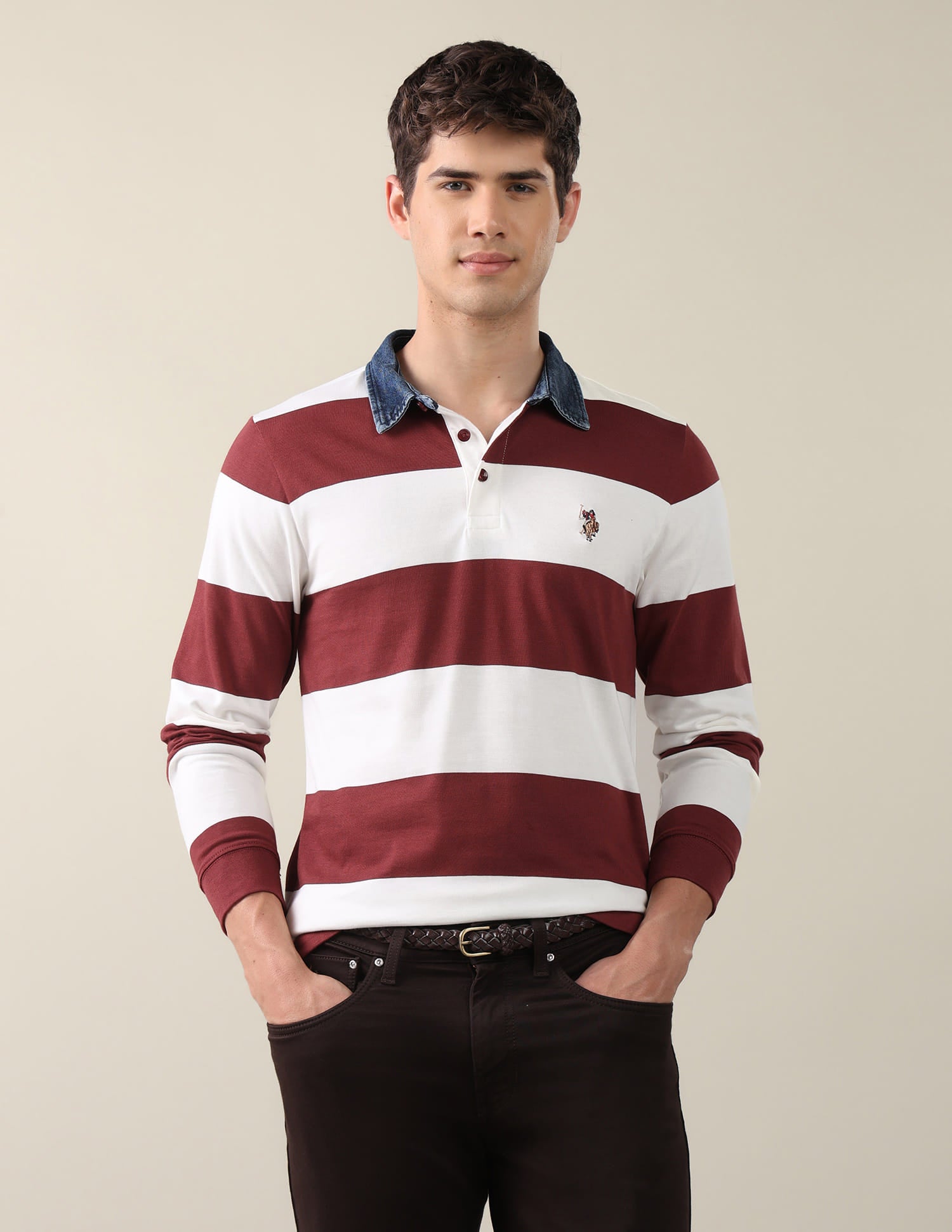 Horizontal Striped Slim Fit Polo Shirt Brown - U.S. Polo Assn. India | Large