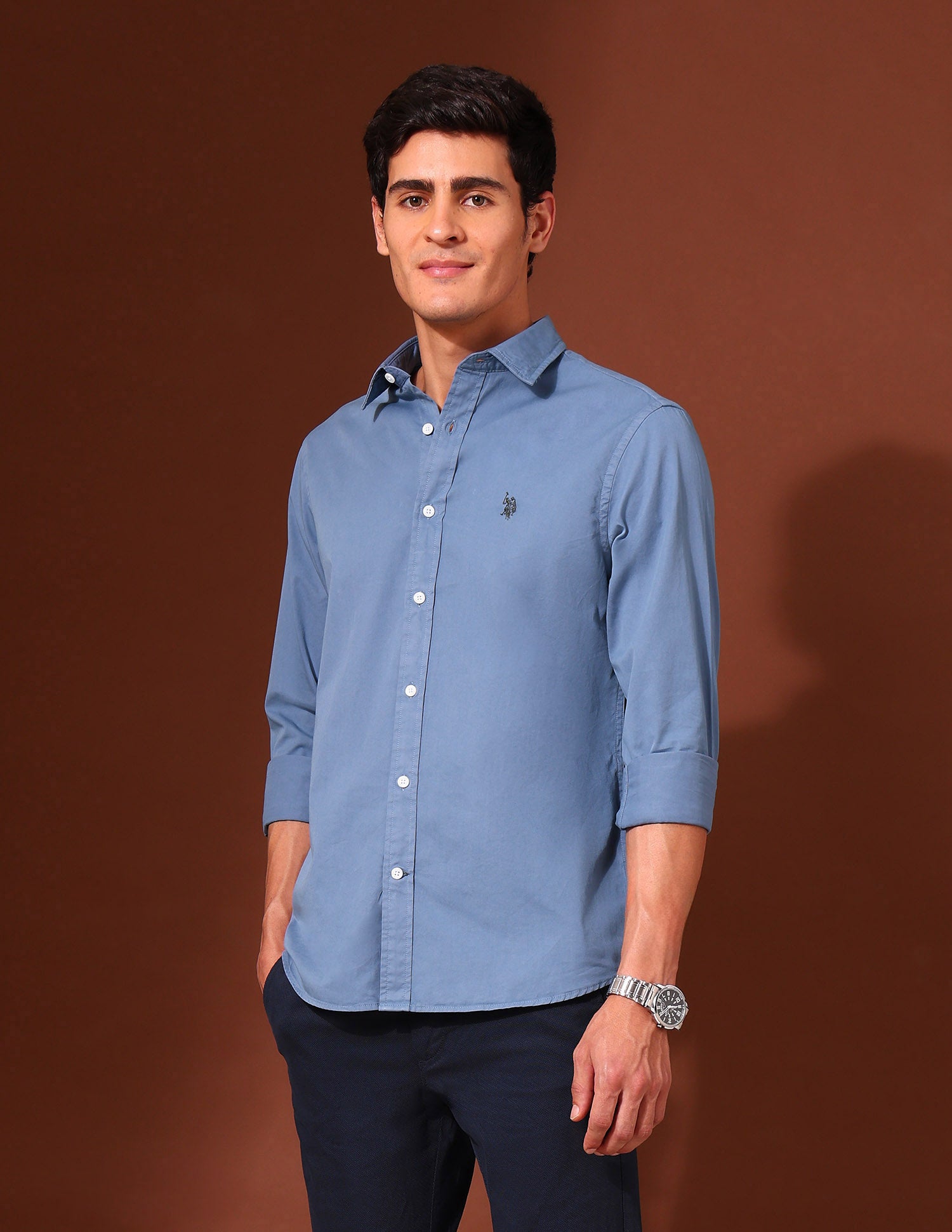 Pure Cotton Regular Fit Twill Shirt Blue - U.S. Polo Assn. India | Large