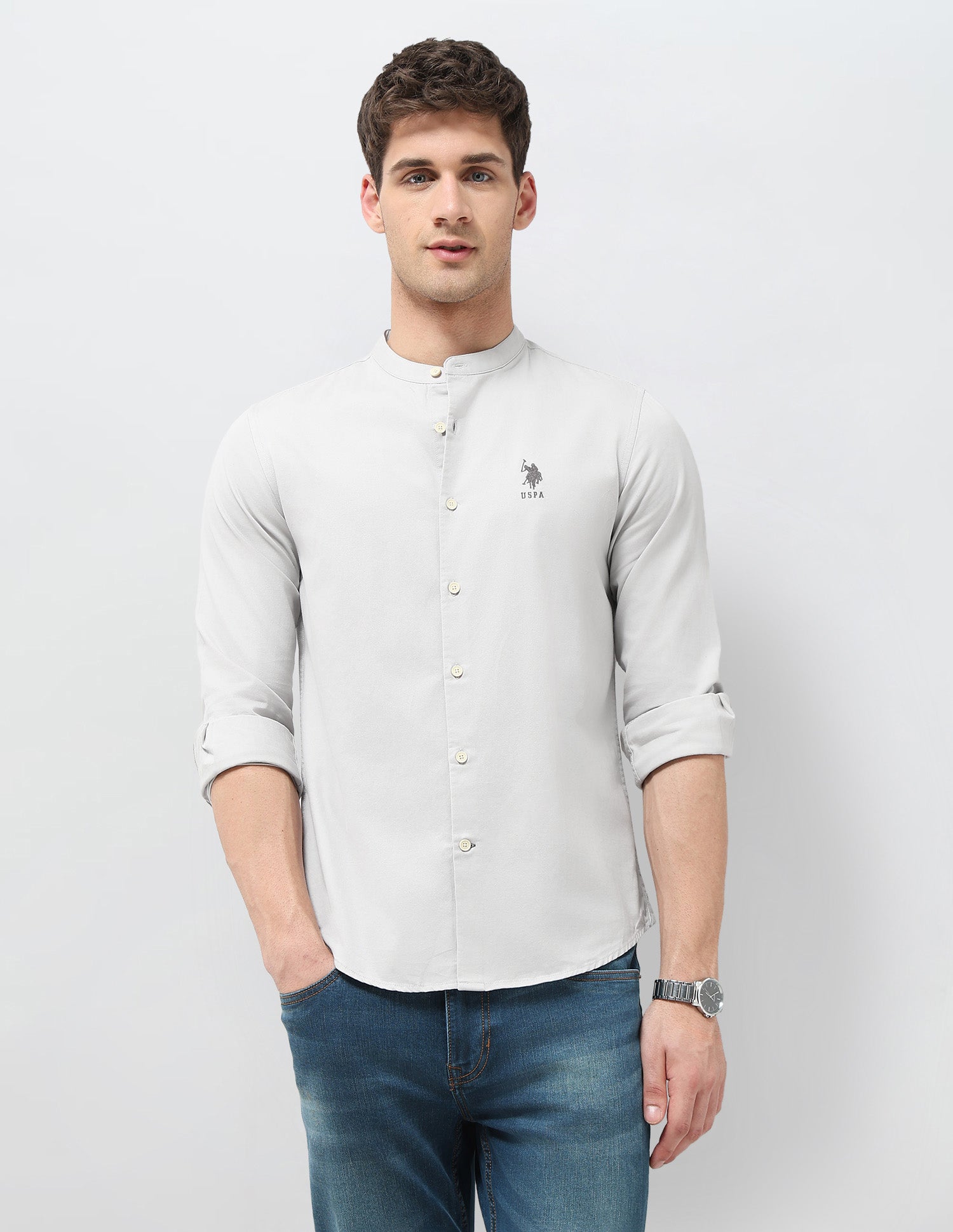 Solid Regular Fit Mandarin Shirt Grey - U.S. Polo Assn. India | Large