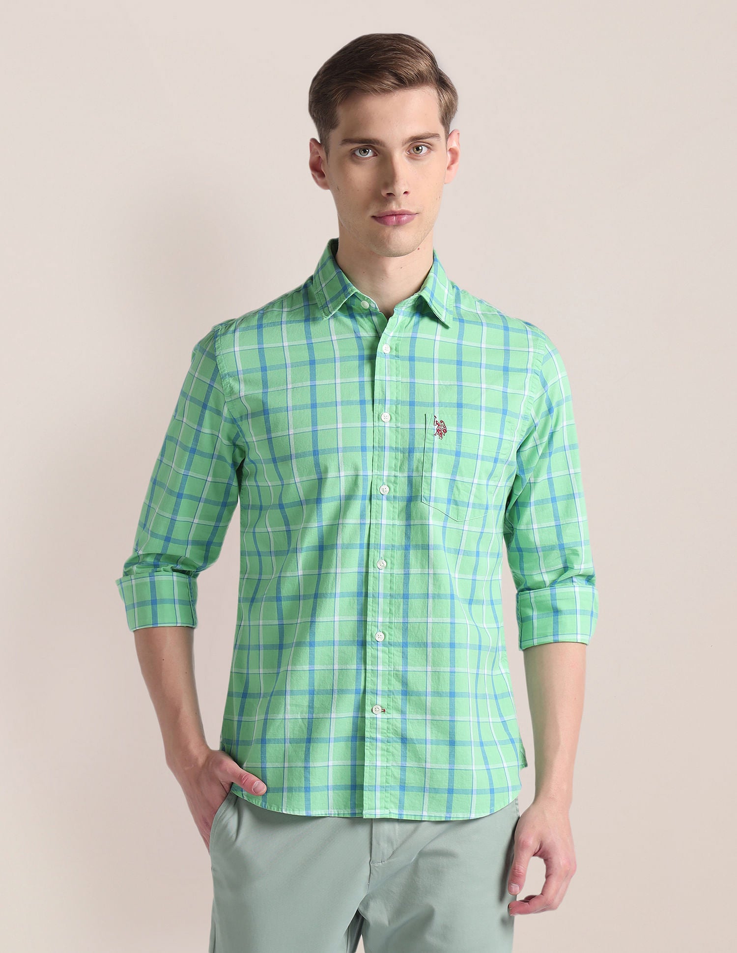 Dobby Tailored Fit Shirt Green - U.S. Polo Assn. India | Large