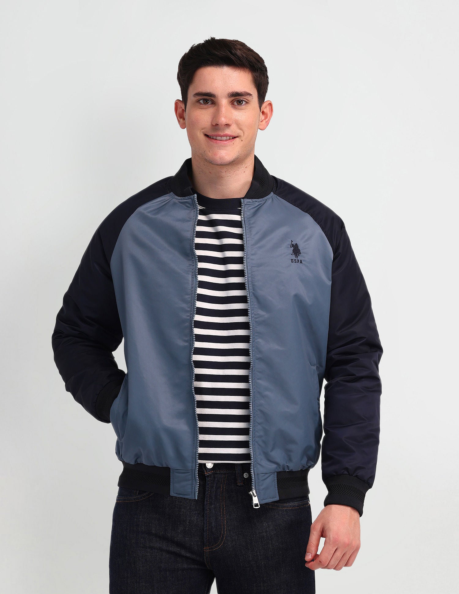 Regular Fit Solid Bomber Jacket Navy - U.S. Polo Assn. India | Large