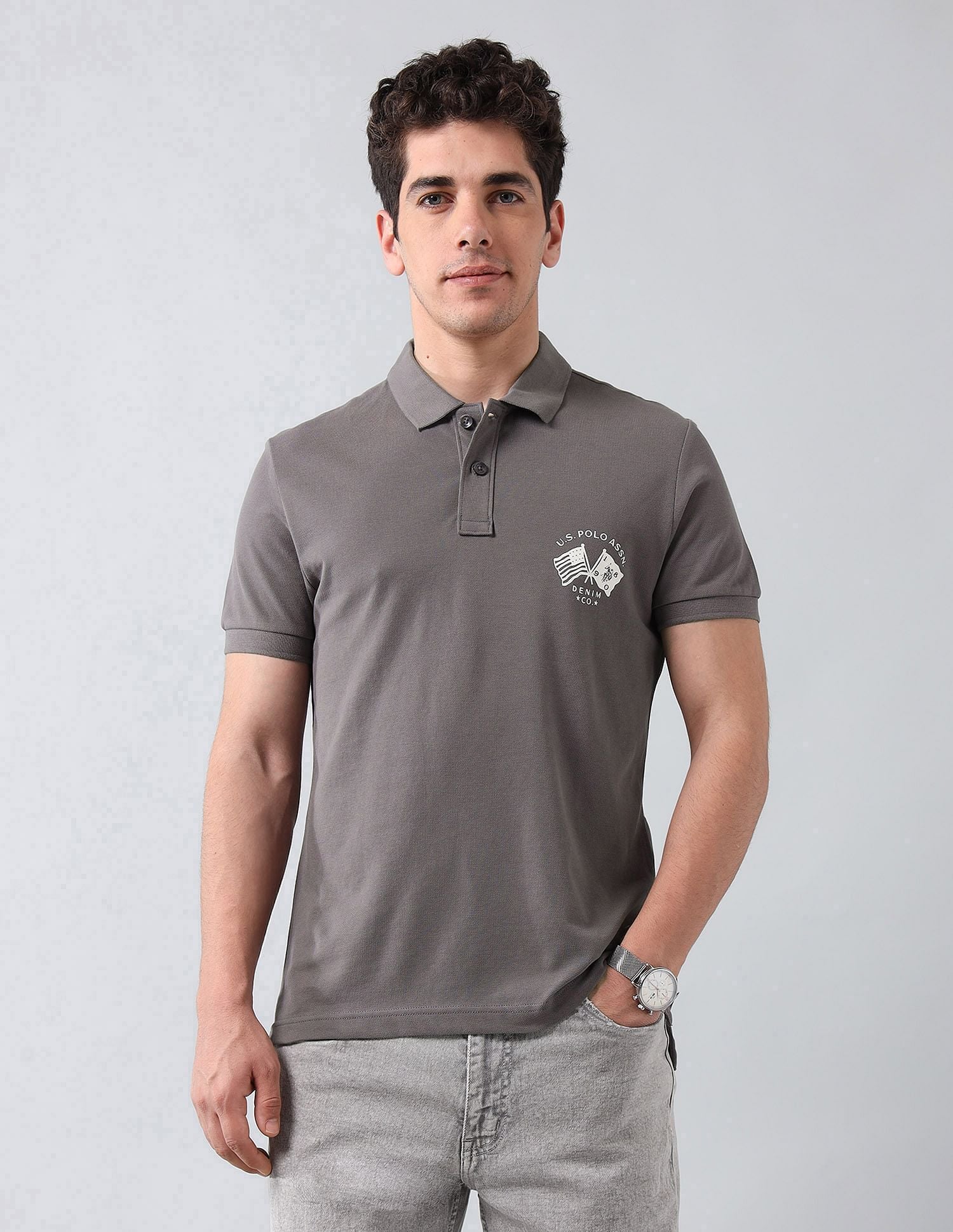 Muscle Fit Brand Printed Polo Shirt Dark Grey - U.S. Polo Assn. India | Large