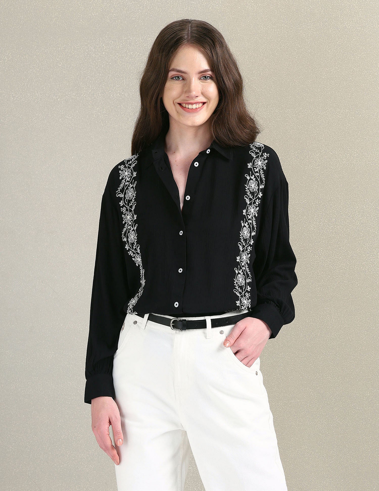 Shirt Collar Embroidered Top