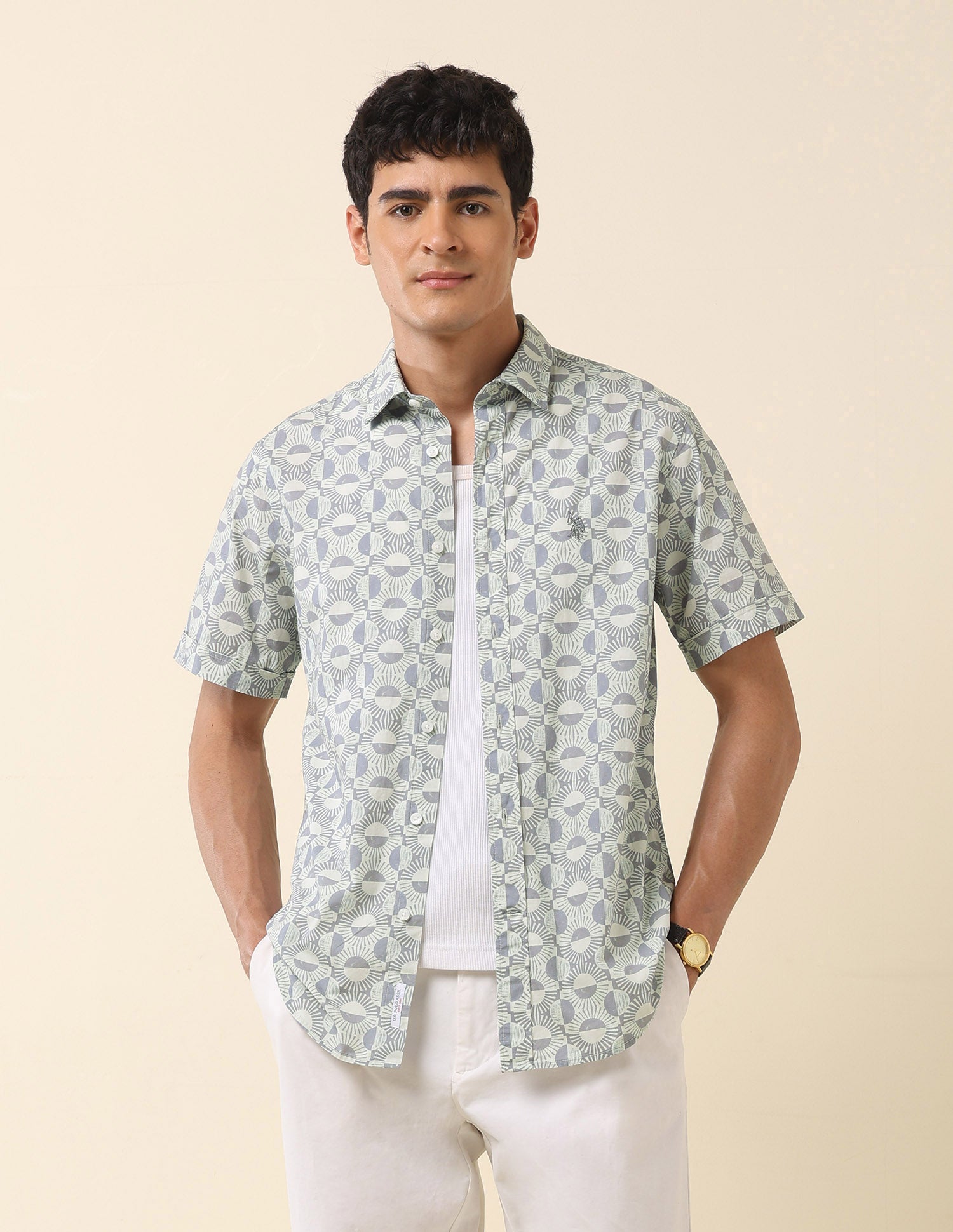 Tailored Fit Geometric Printed Shirt Grey - U.S. Polo Assn. India | Large