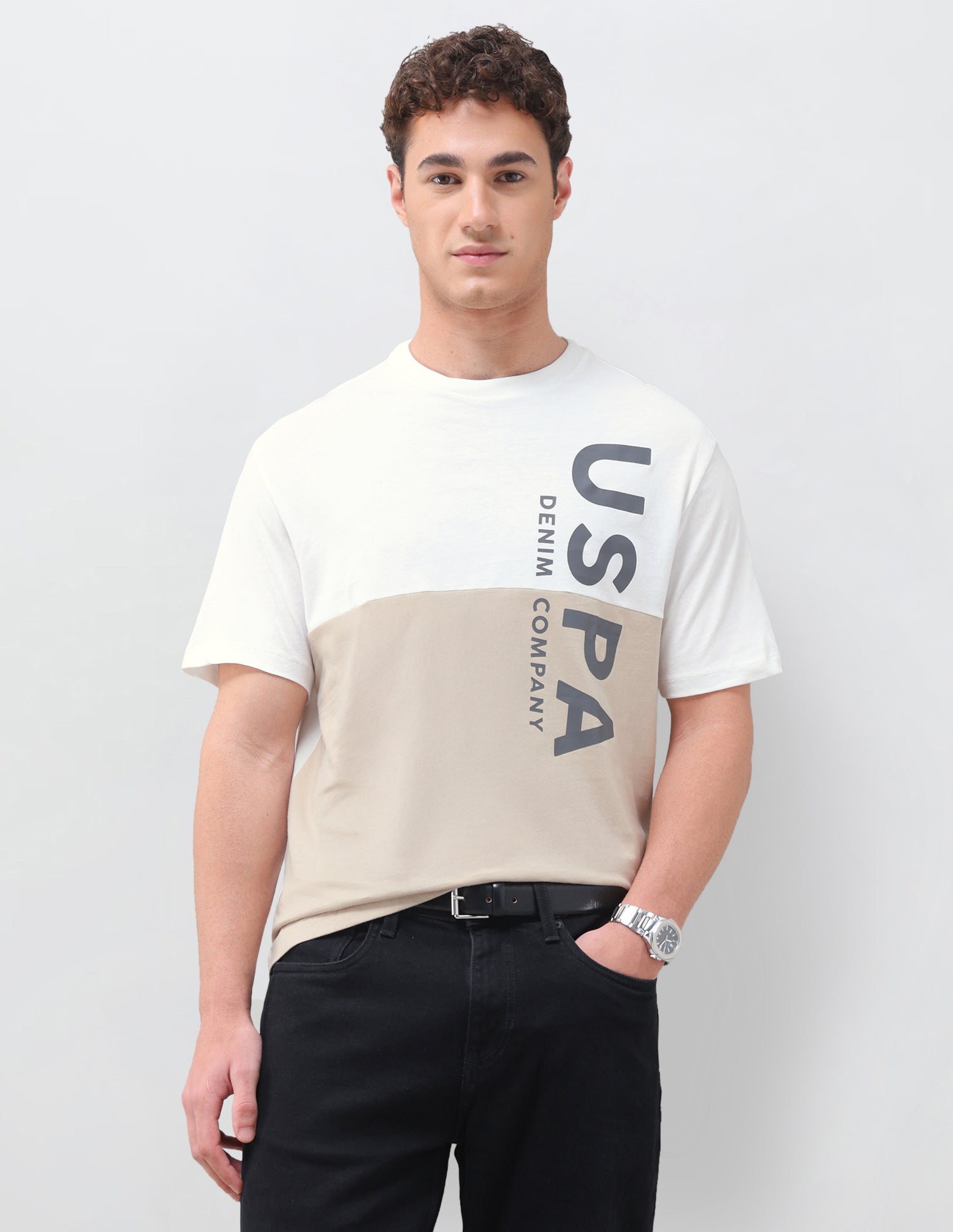 Colourblocked Brand Printed Regular Fit T-Shirt Ivory - U.S. Polo Assn. India | Large