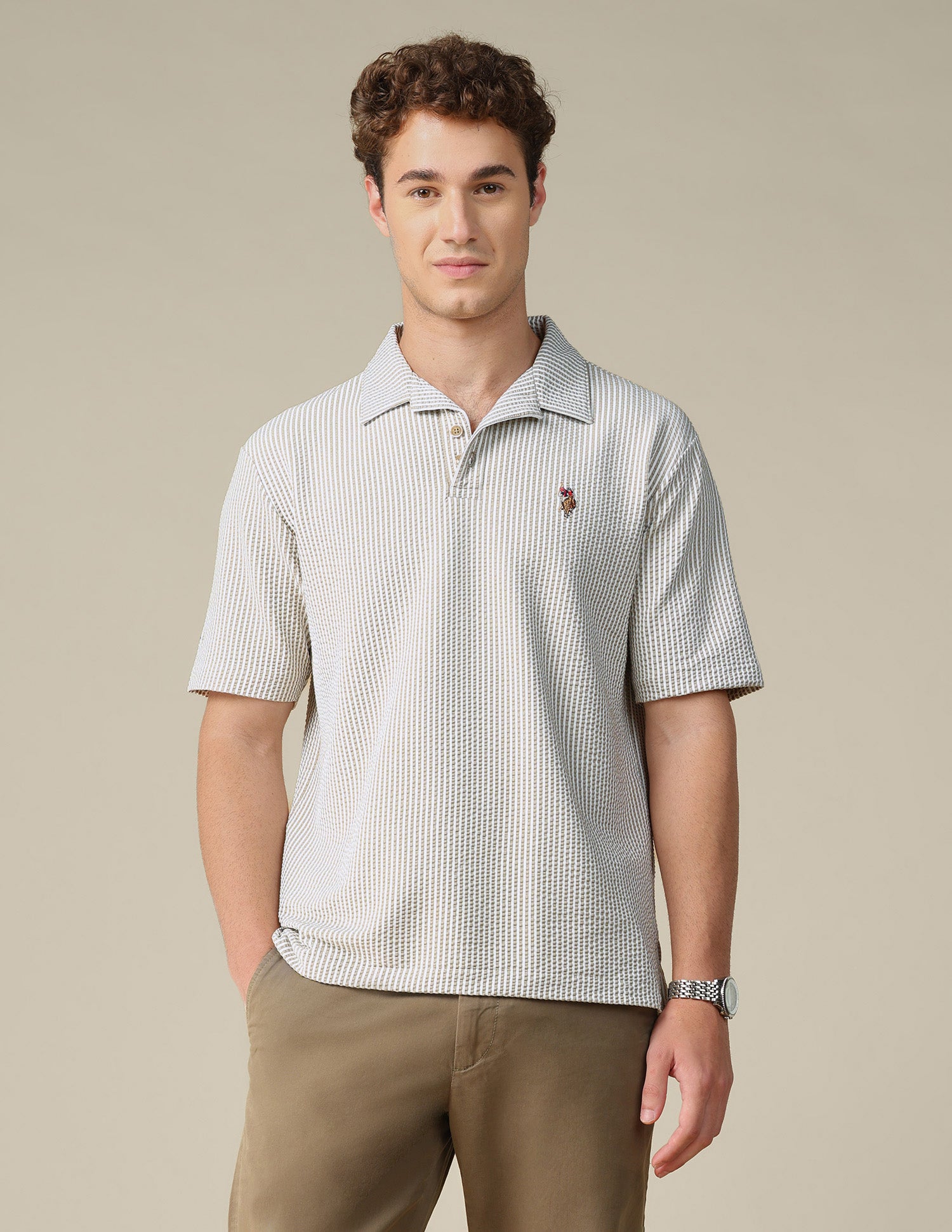 Vertical Striped Relaxed Fit Polo Shirt Khaki - U.S. Polo Assn. India | Large