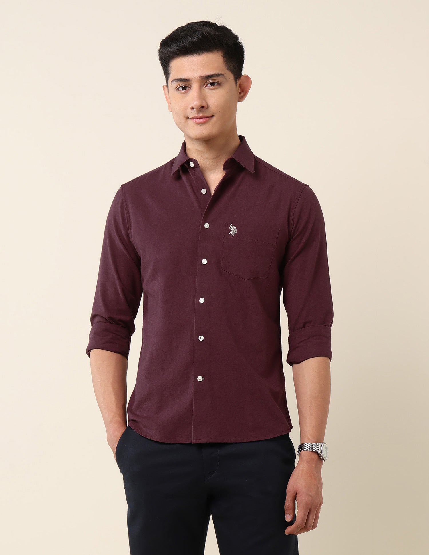 Tailored Fit Twill Shirt Burgundy - U.S. Polo Assn. India | Large