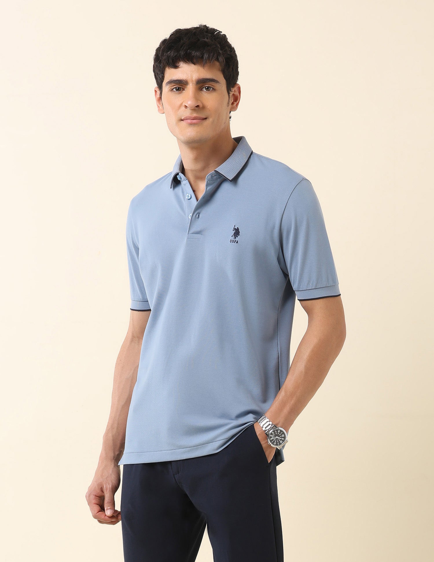 Solid Slim Fit Polo Shirt Light Blue - U.S. Polo Assn. India | Large