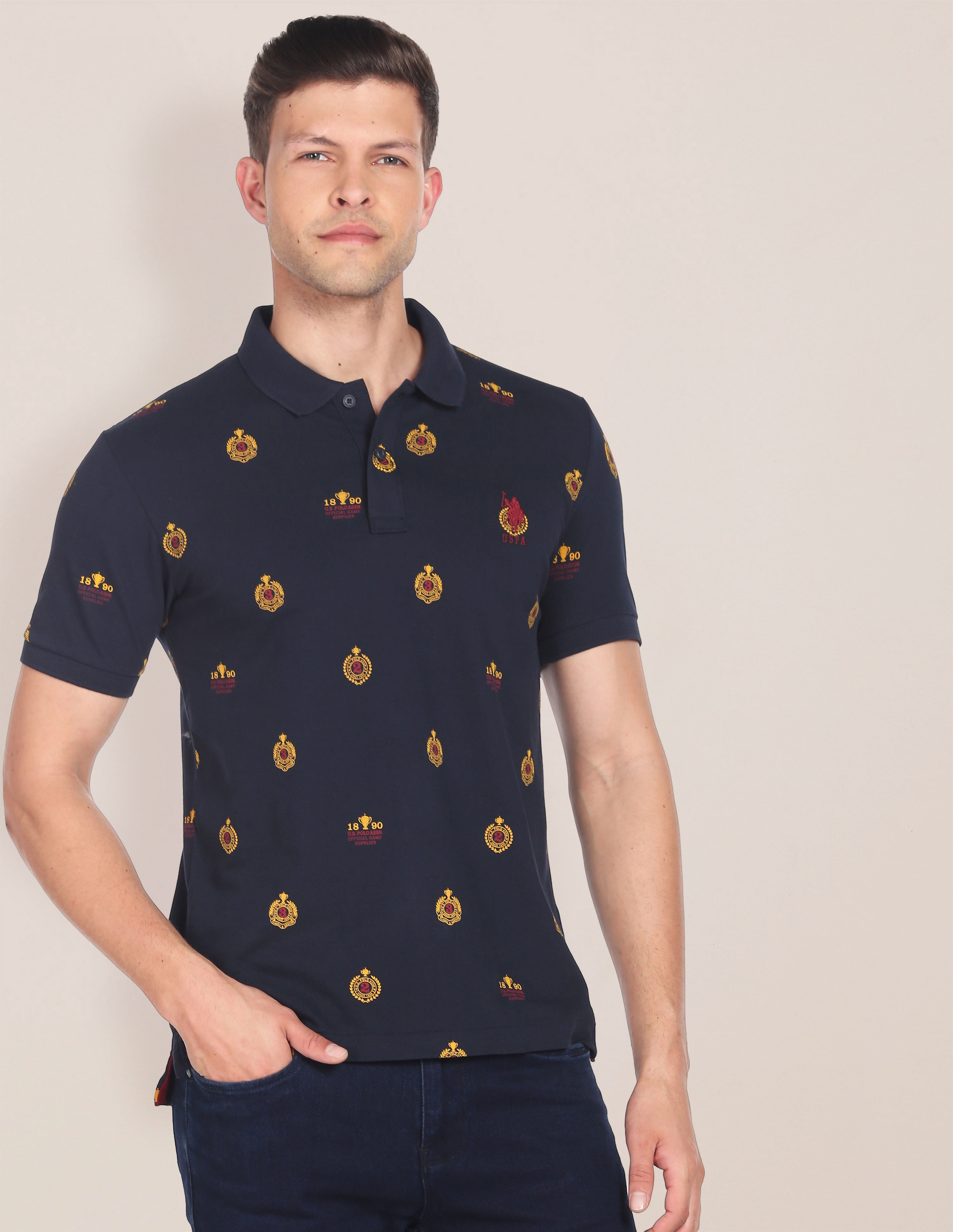 Monogram Print Cotton Polo Shirt Navy - U.S. Polo Assn. India | Large