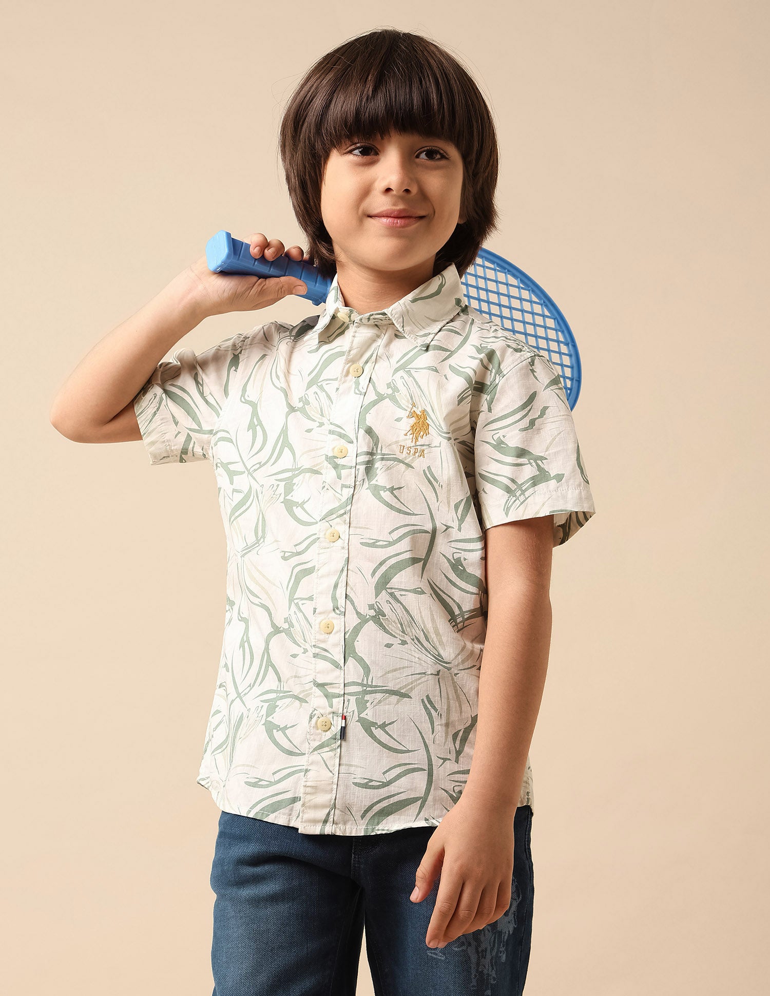 Boys Abstract Printed Pure Cotton Shirt Green - U.S. Polo Assn. India | Large