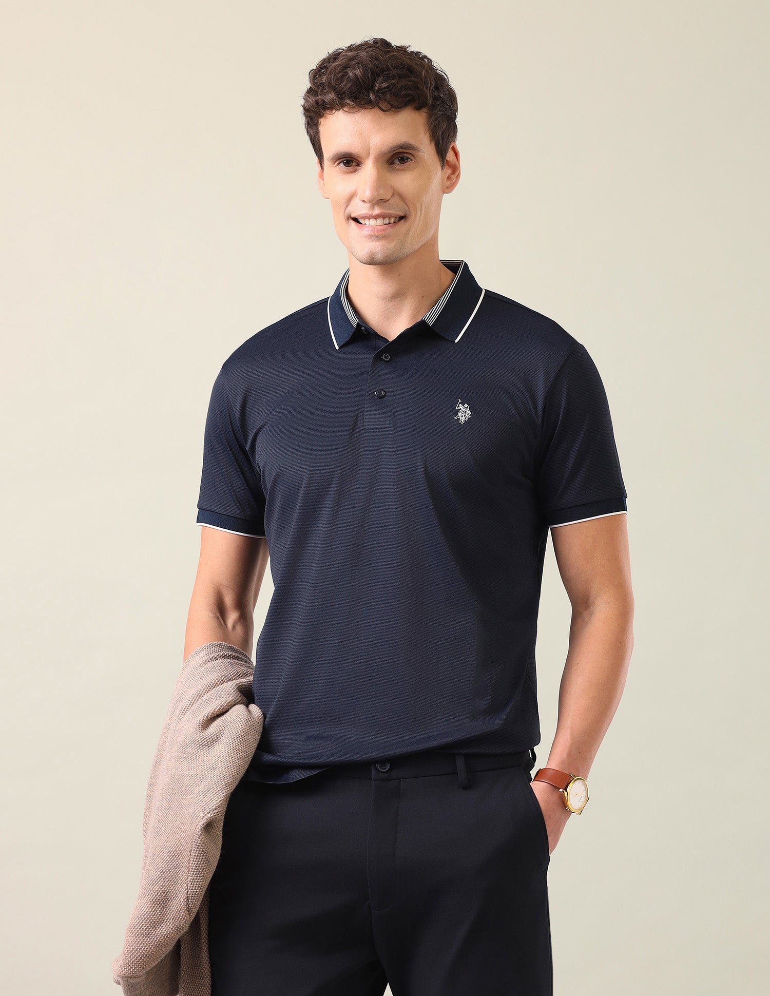 Textured Slim Fit Polo Shirt Navy - U.S. Polo Assn. India | Large