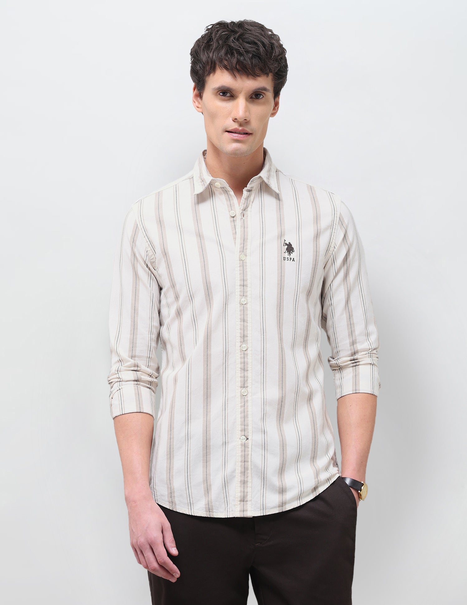 Vertical Striped Regular Fit Shirt Beige - U.S. Polo Assn. India | Large