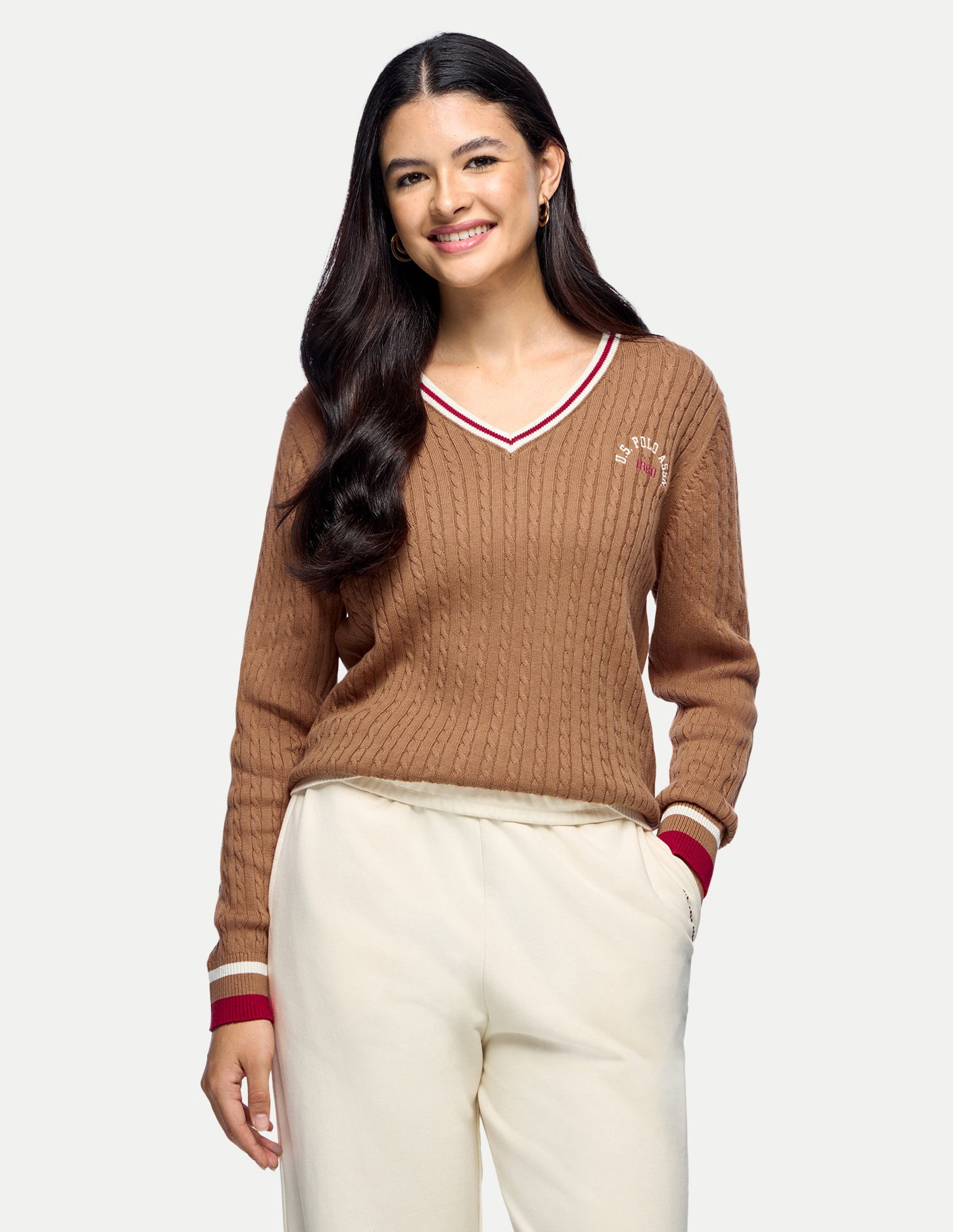 Cable Patterned Knit Regular Fit Sweater Brown - U.S. Polo Assn. India | Large