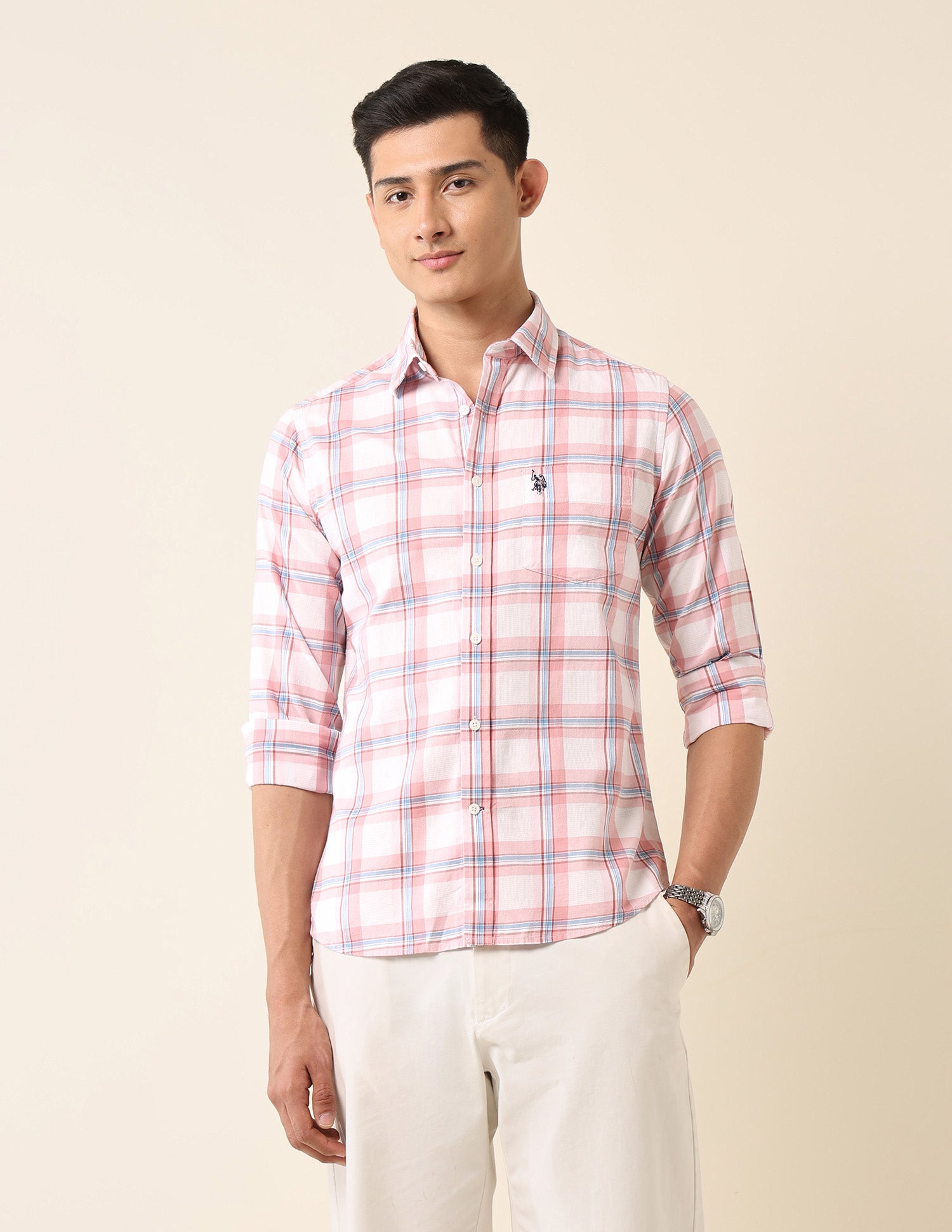 Plaid Checked Pure Cotton Shirt Pink - U.S. Polo Assn. India | Large