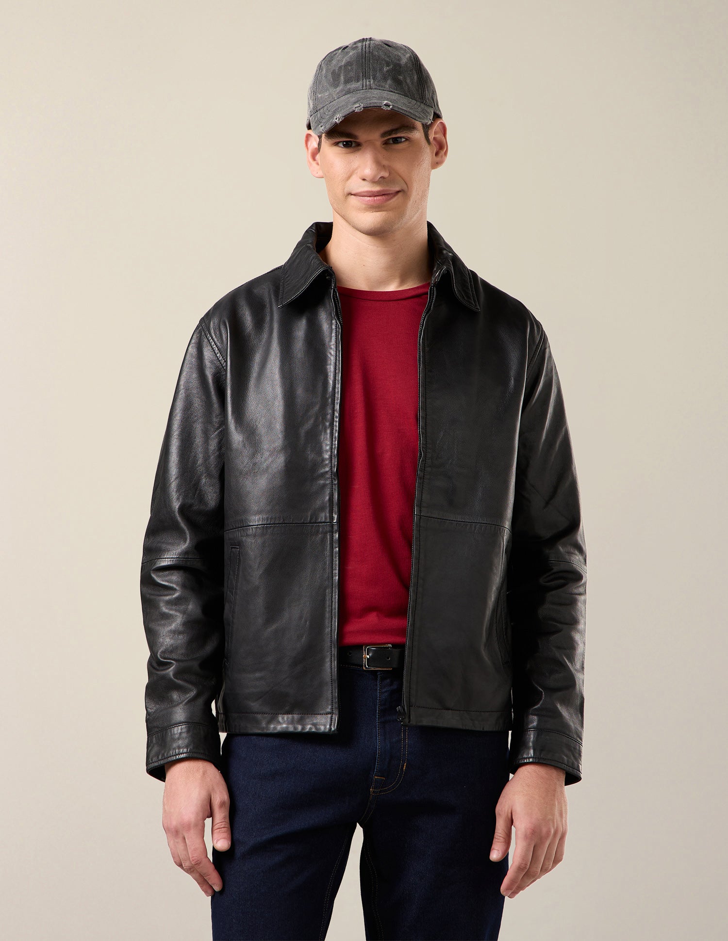 Solid Leather Jacket Black - U.S. Polo Assn. India | Large
