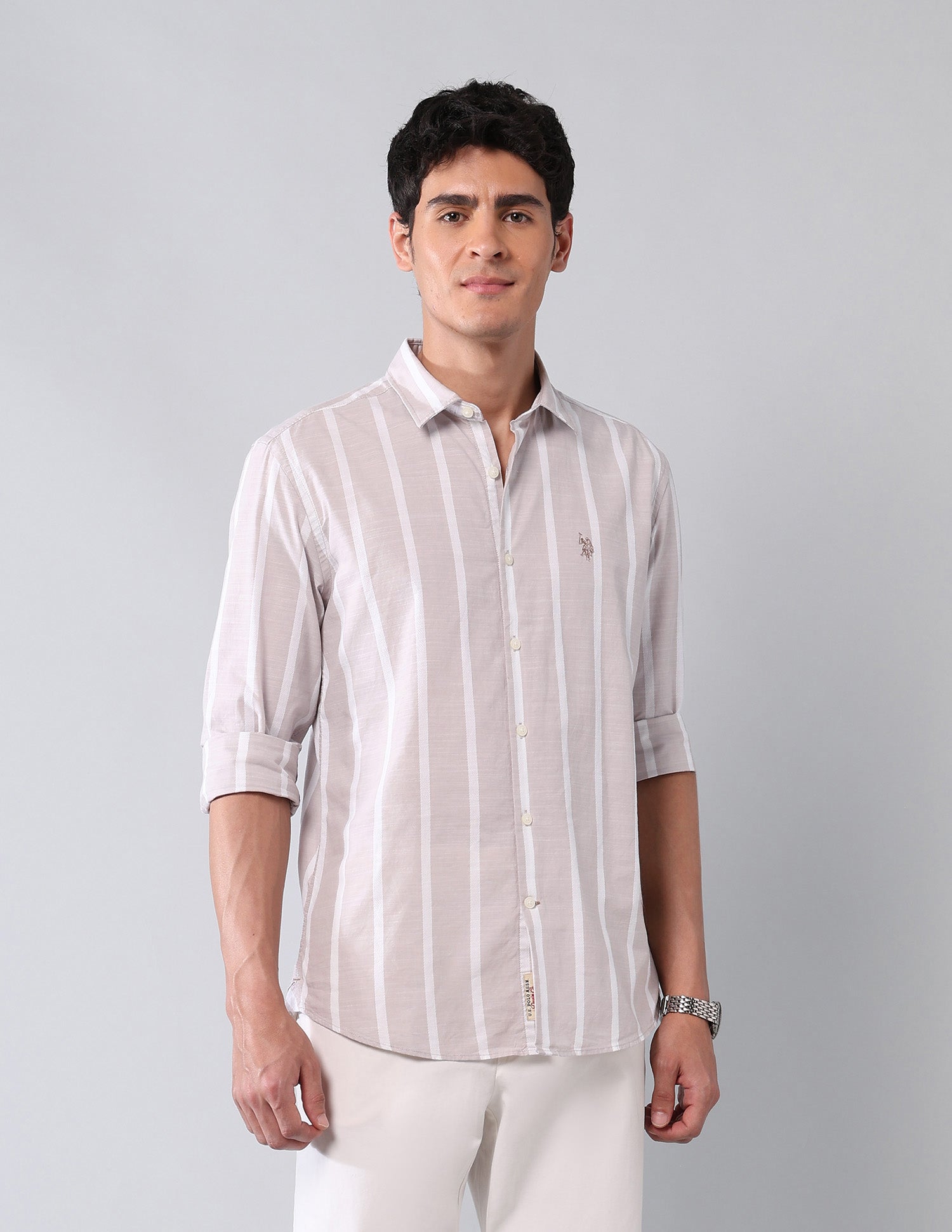 Vertical Striped Pure Cotton Shirt Khaki - U.S. Polo Assn. India | Large