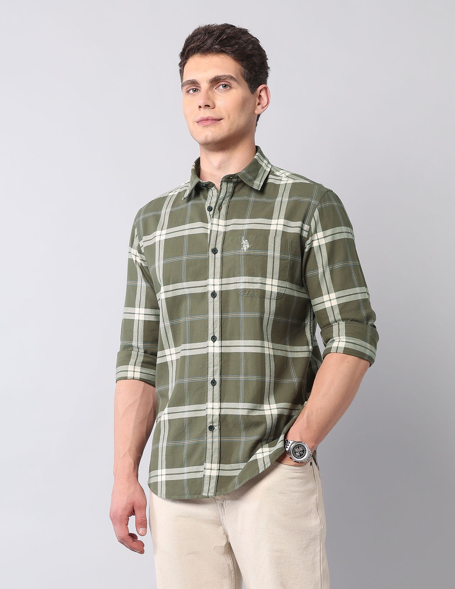 Regular Fit Twill Pure Cotton Shirt Light Olive - U.S. Polo Assn. India | Large