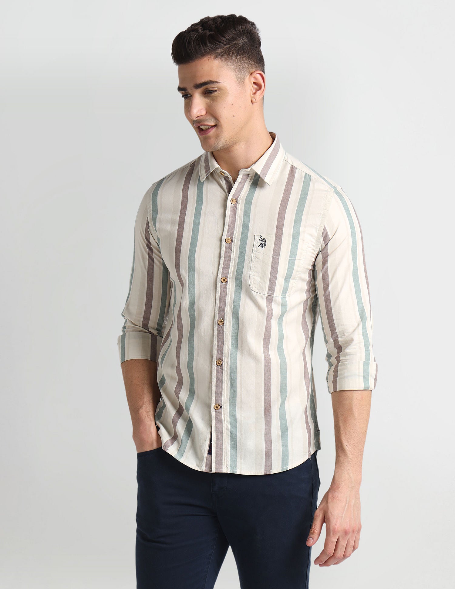 Vertical Stripe Slim Fit Shirt Green, White and Brown - U.S. Polo Assn. India | Large