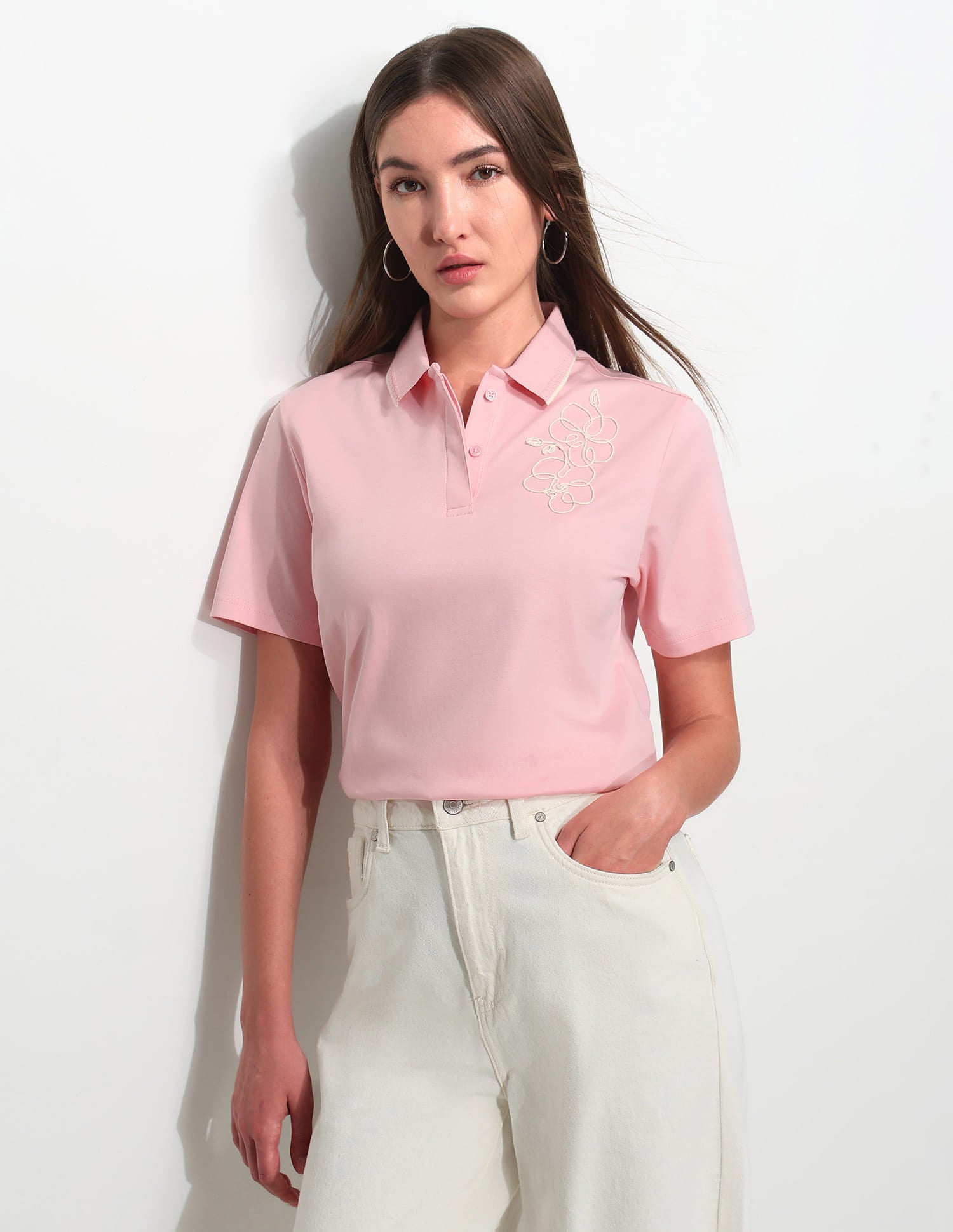 Boxy Fit Floral Embroidered Polo Shirt Pink - U.S. Polo Assn. India | Large