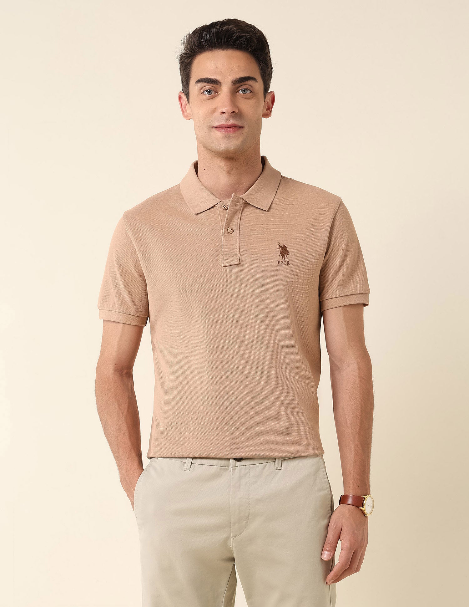 Slim Fit Pure Cotton Polo Shirt Beige - U.S. Polo Assn. India | Large