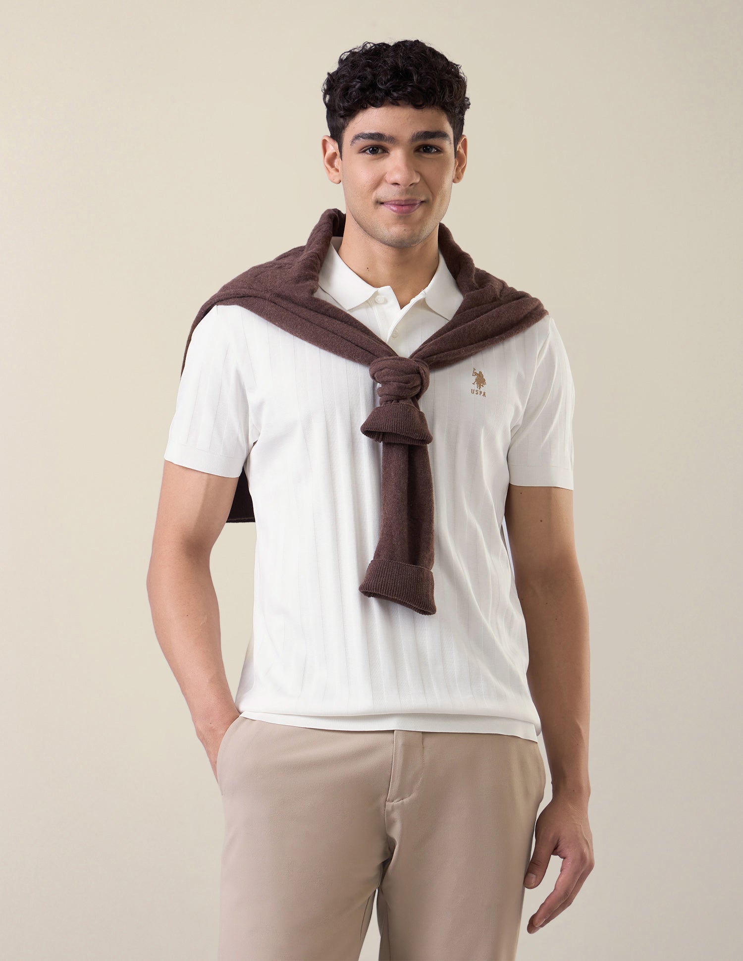 Self Design Vertical Striped Slim Fit Polo Shirt Off White - U.S. Polo Assn. India | Large