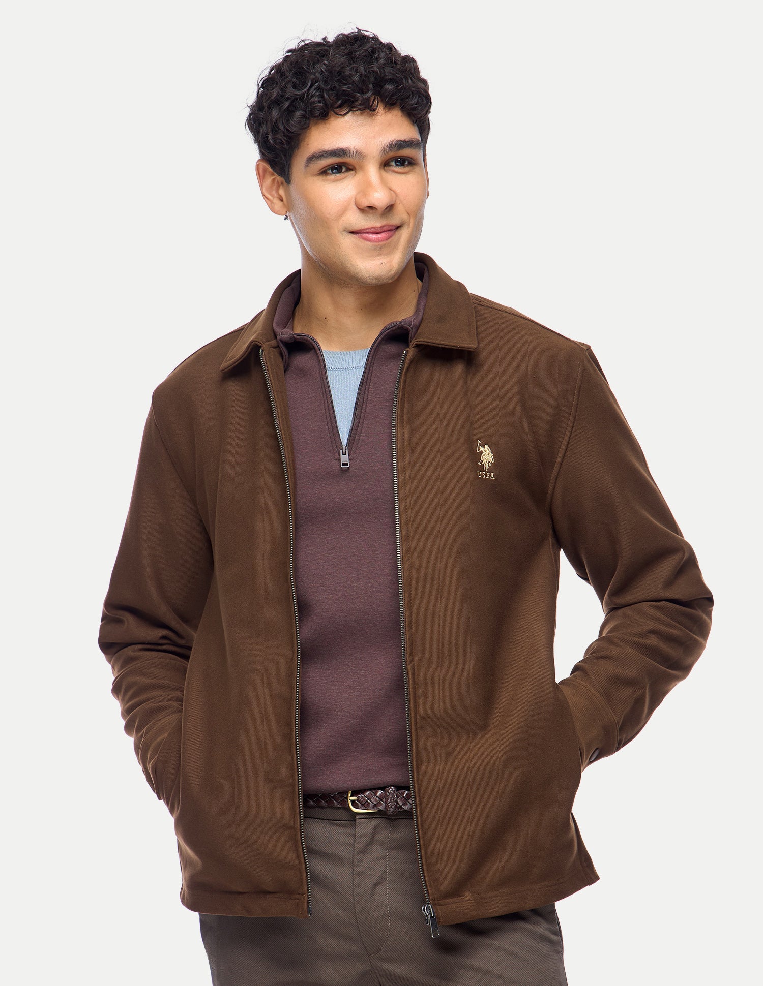 Solid Slim Fit Zipper Sweatshirt Dark Brown - U.S. Polo Assn. India | Large