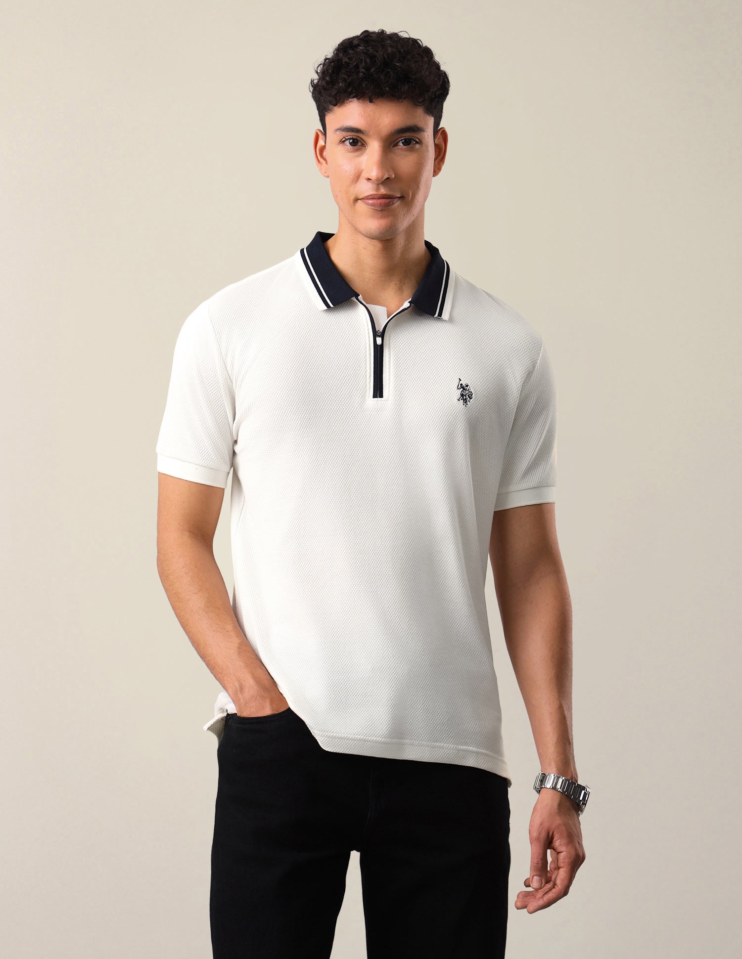 Textured Slim Fit Polo Shirt Ivory - U.S. Polo Assn. India | Large