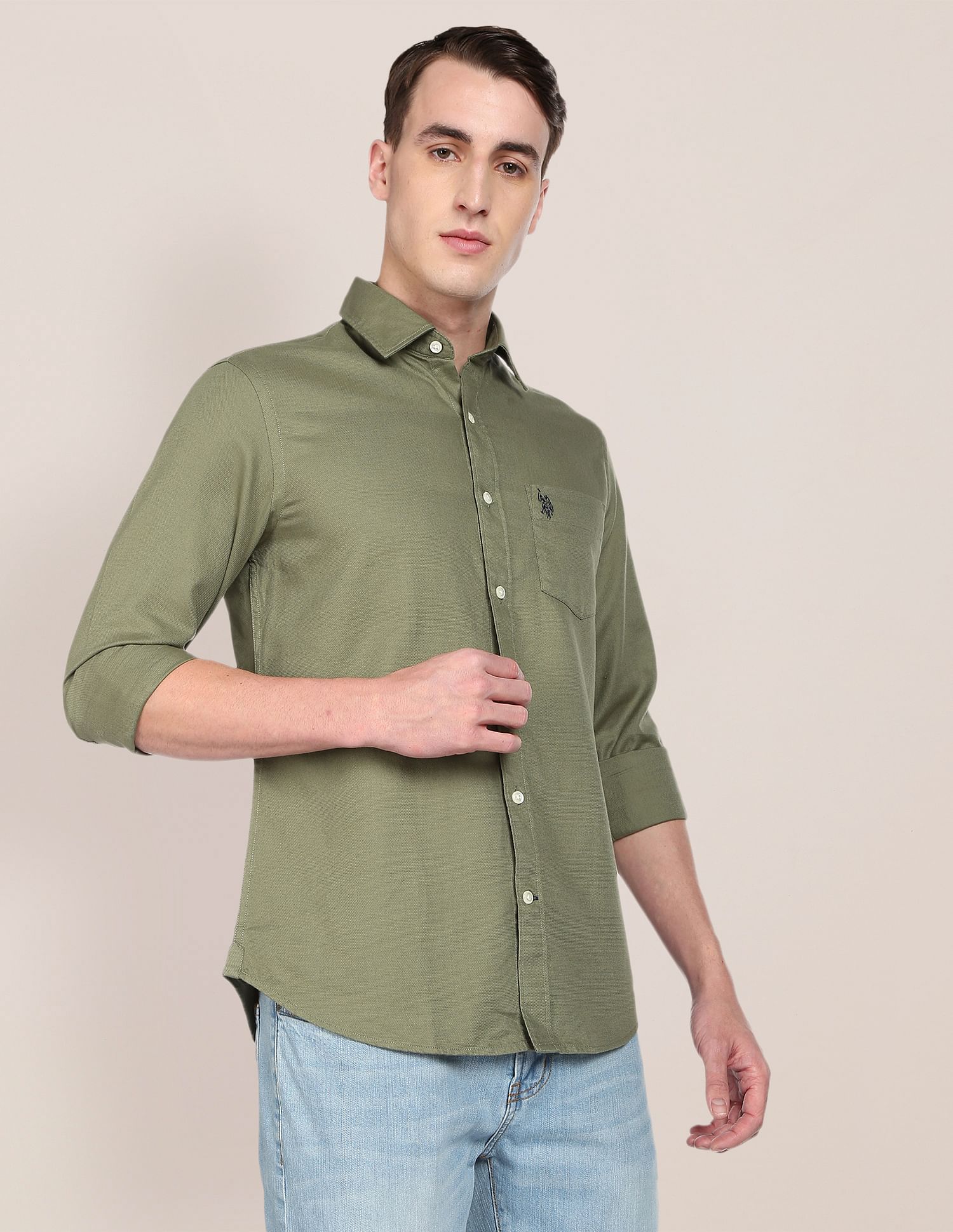 Dobby Solid Casual Shirt Olive - U.S. Polo Assn. India | Large