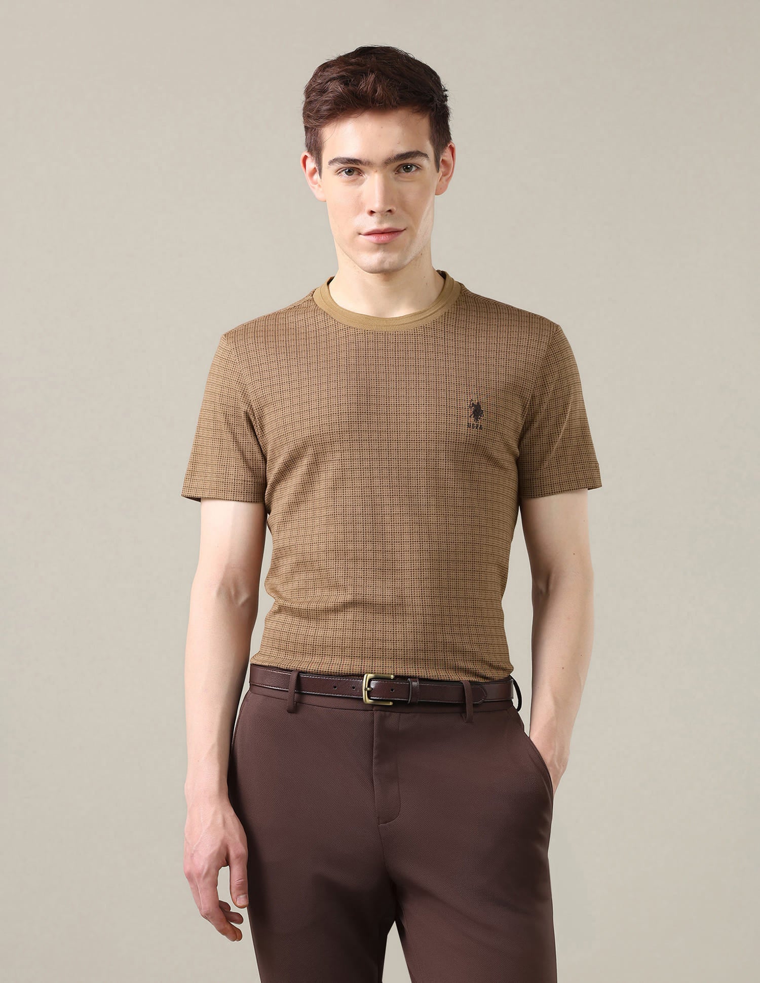 Houndstooth Printed Slim Fit T-Shirt Brown - U.S. Polo Assn. India | Large