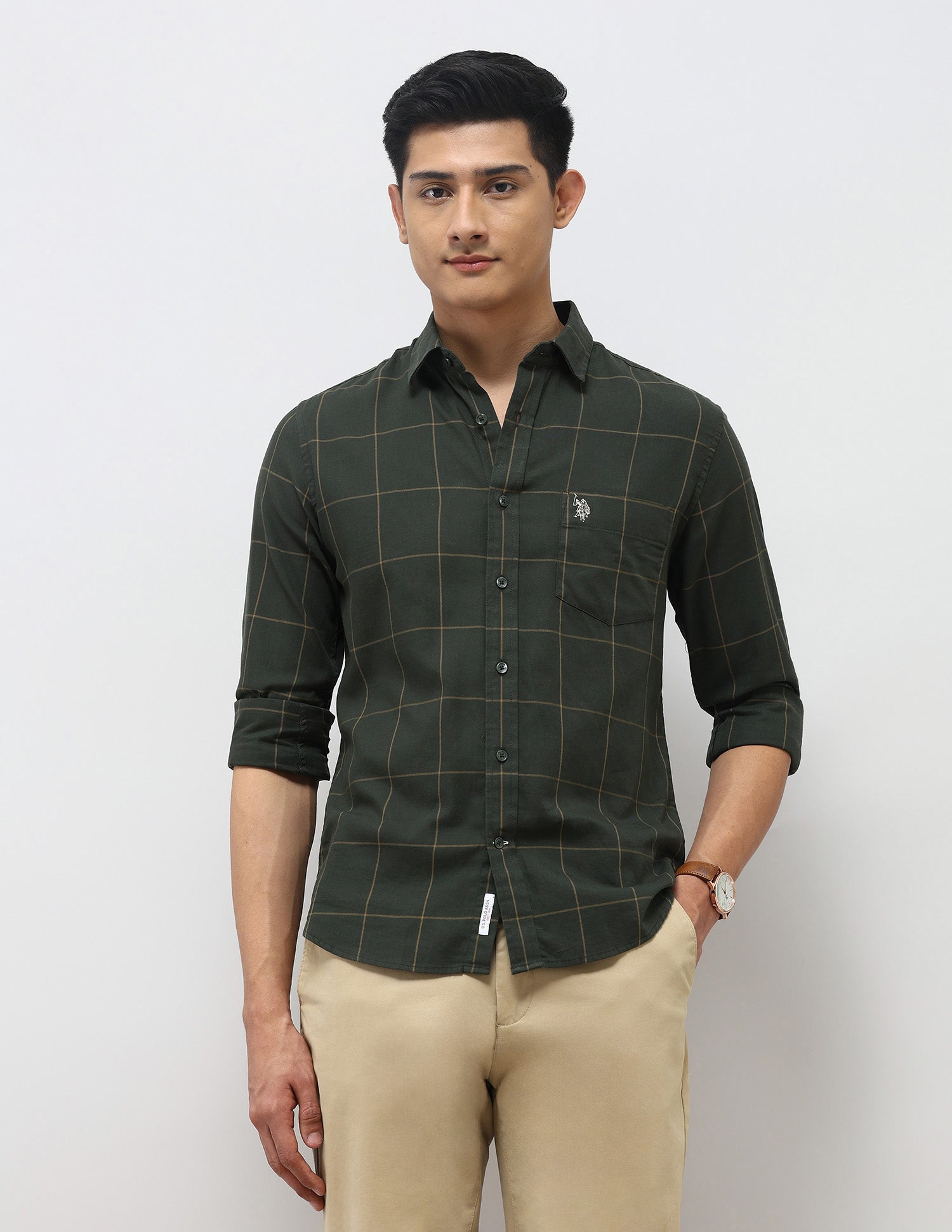 Pure Cotton Tailored Fit Shirt Dark Green - U.S. Polo Assn. India | Large