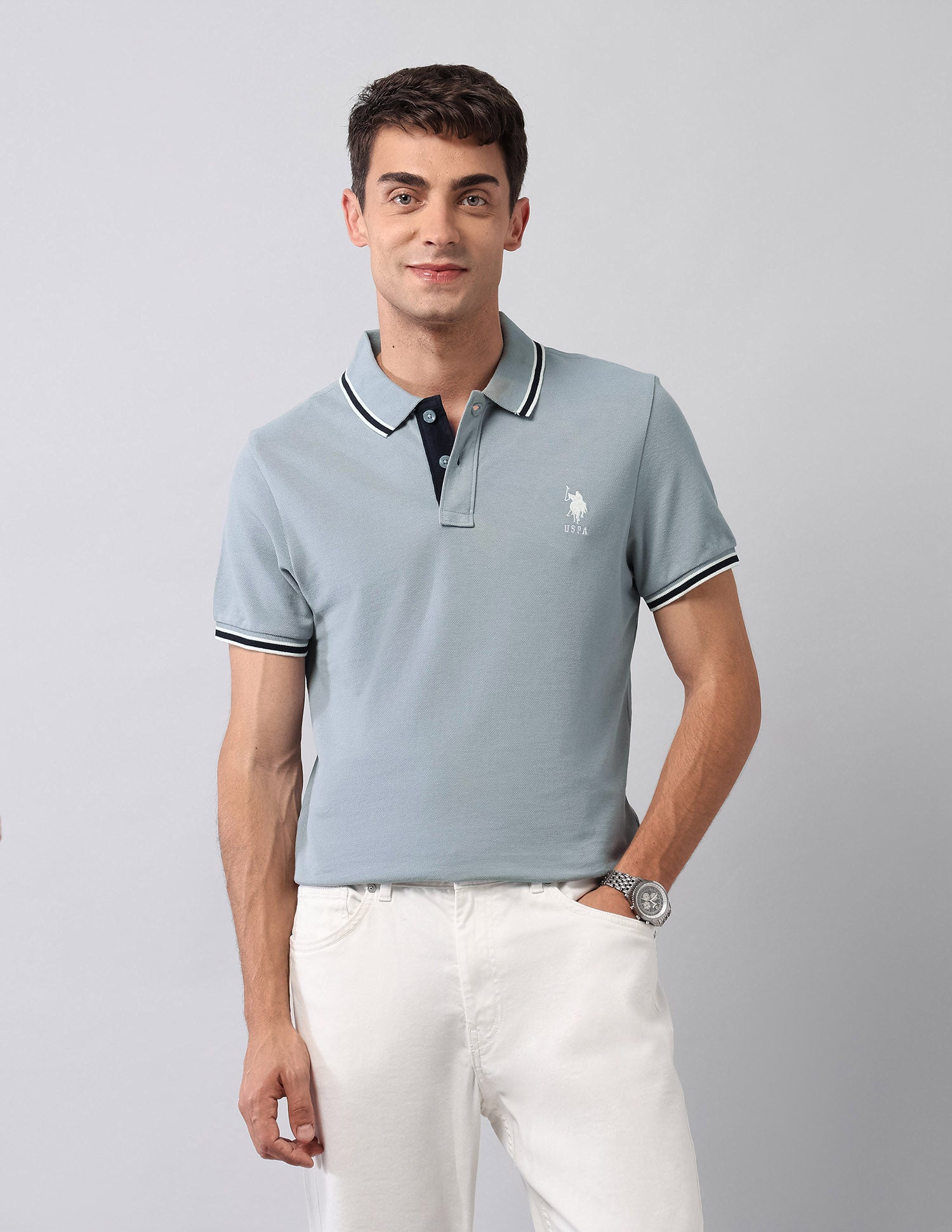 Pure Cotton Muscle Fit Polo Shirt Light Grey - U.S. Polo Assn. India | Large