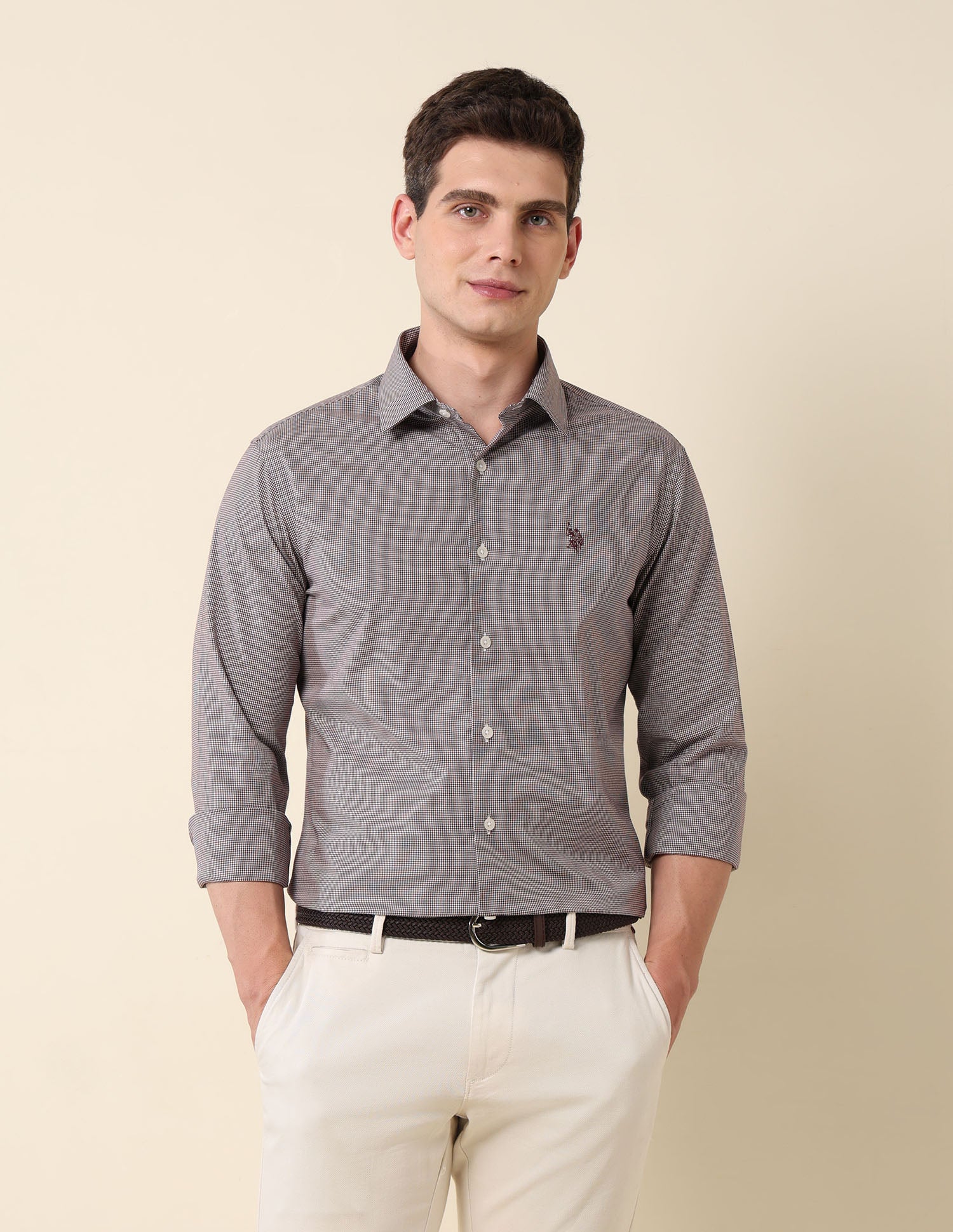 Micro Checked Tailored Fit Shirt Burgundy - U.S. Polo Assn. India | Large