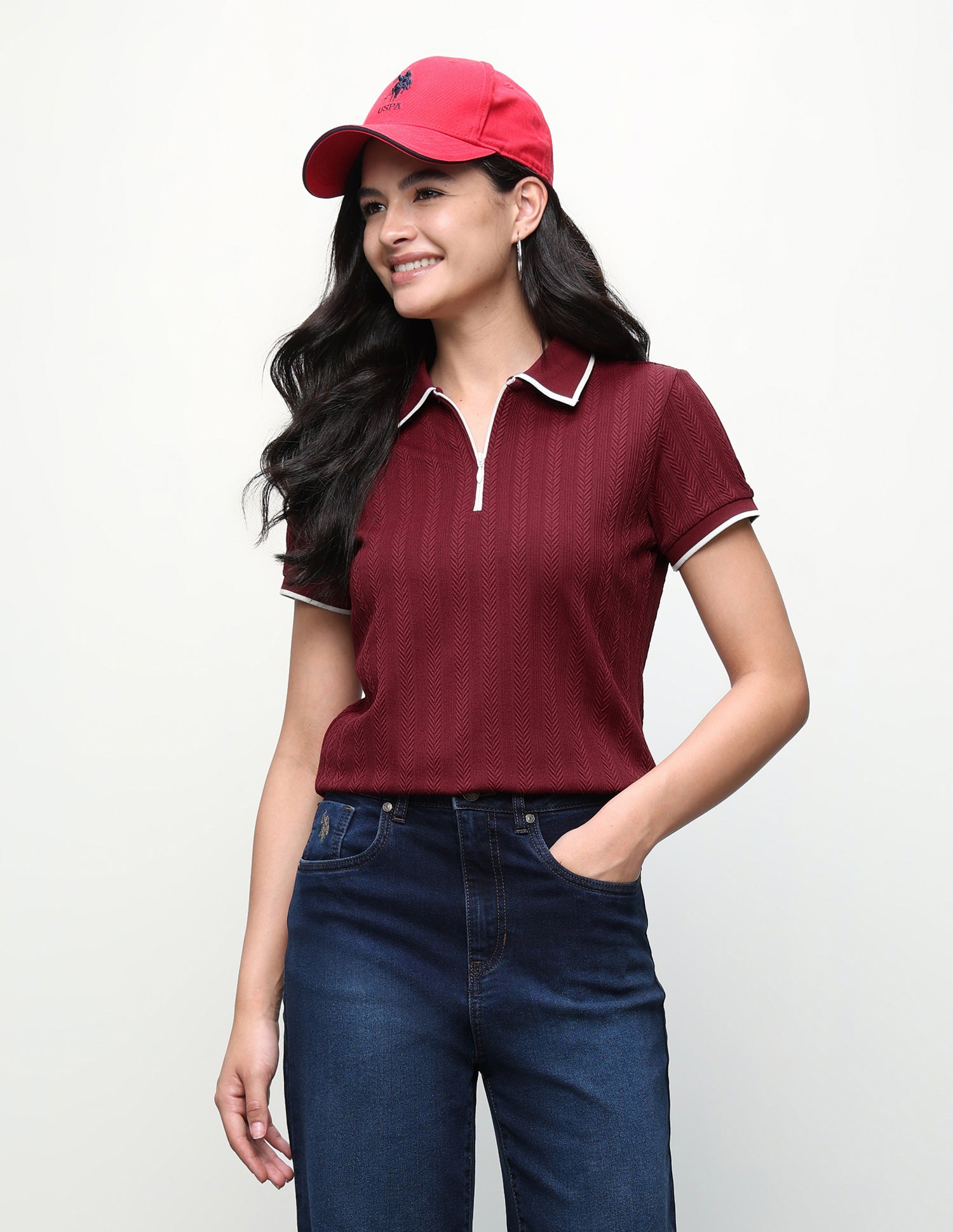 Textured Zipper Polo Shirt Maroon - U.S. Polo Assn. India | Large