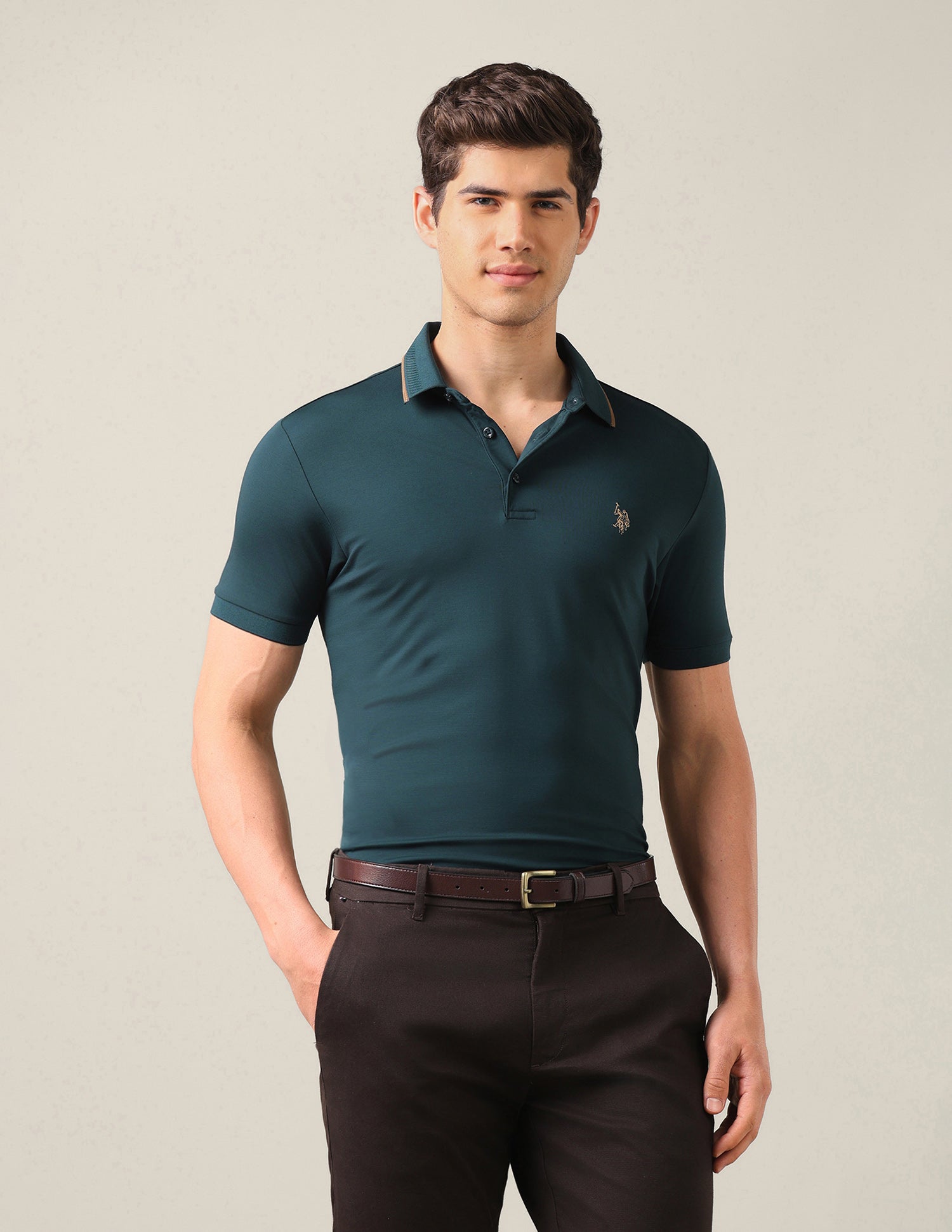 Solid Slim Fit Polo Shirt Dark Green - U.S. Polo Assn. India | Large