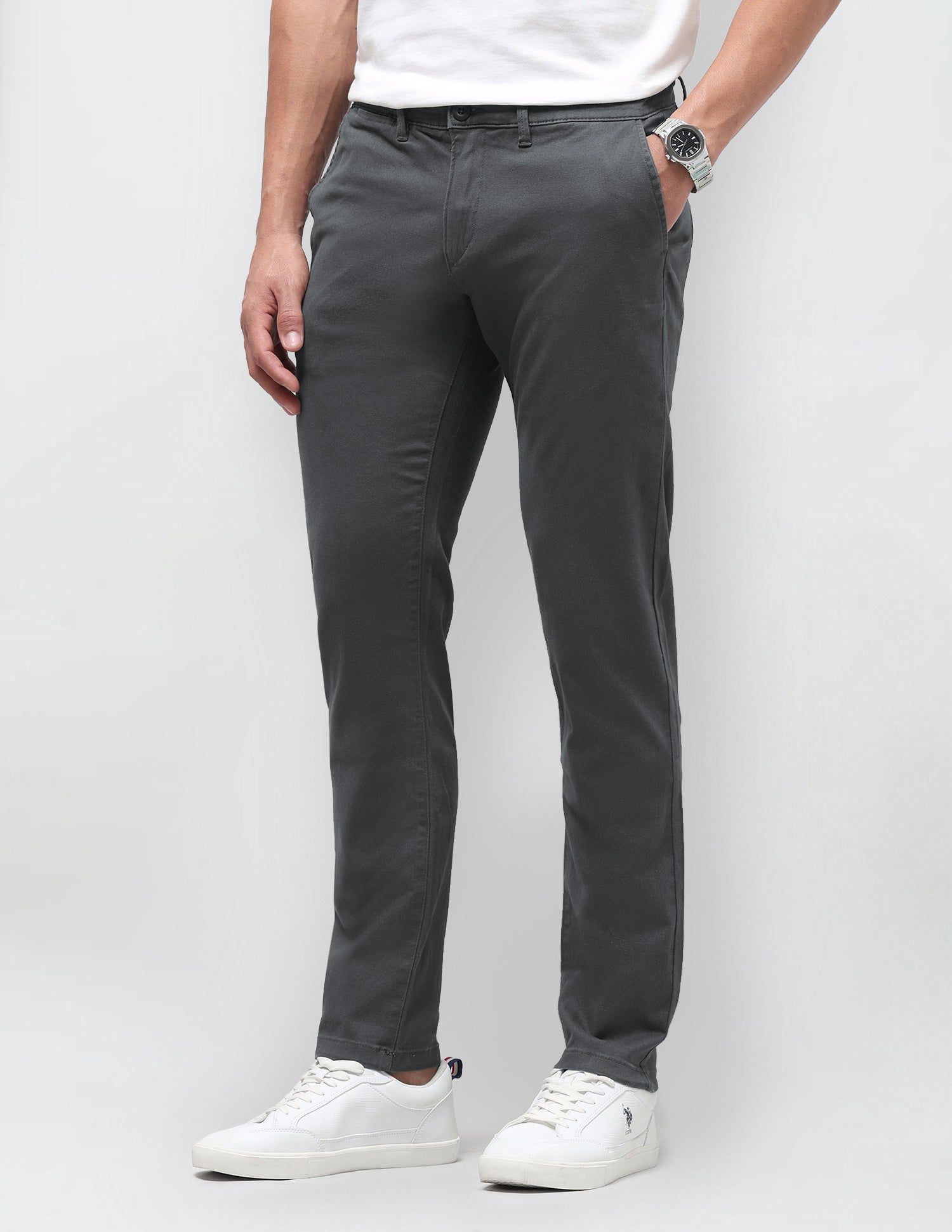 Slim Tapered Fit Twill Trousers Dark Grey - U.S. Polo Assn. India | Large