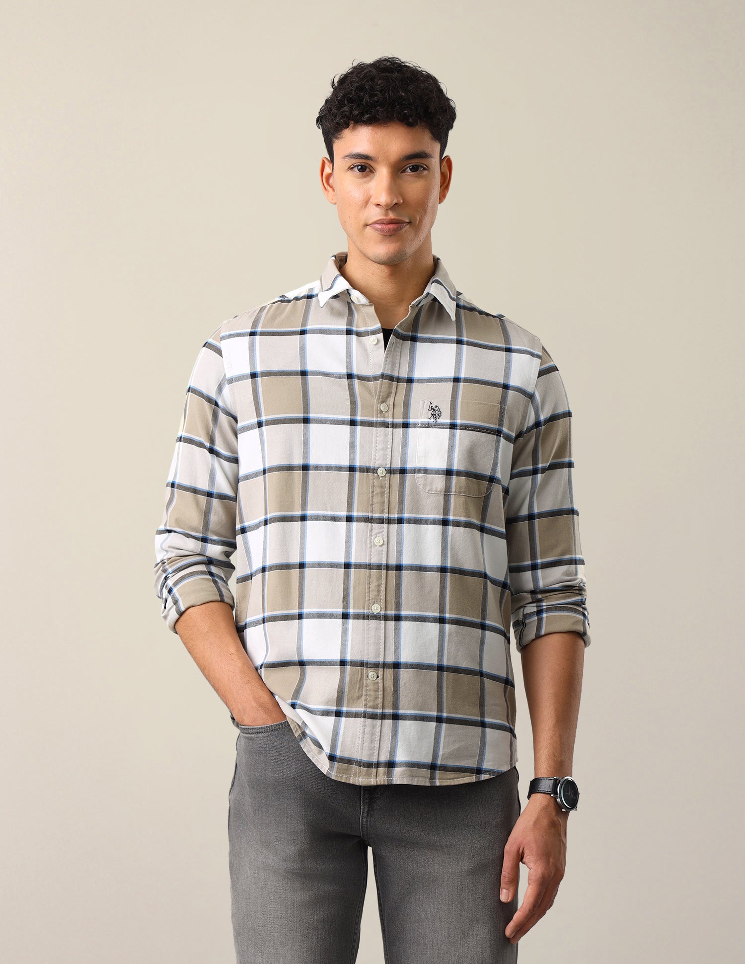 Twill Windowpane Checked Shirt Beige - U.S. Polo Assn. India | Large