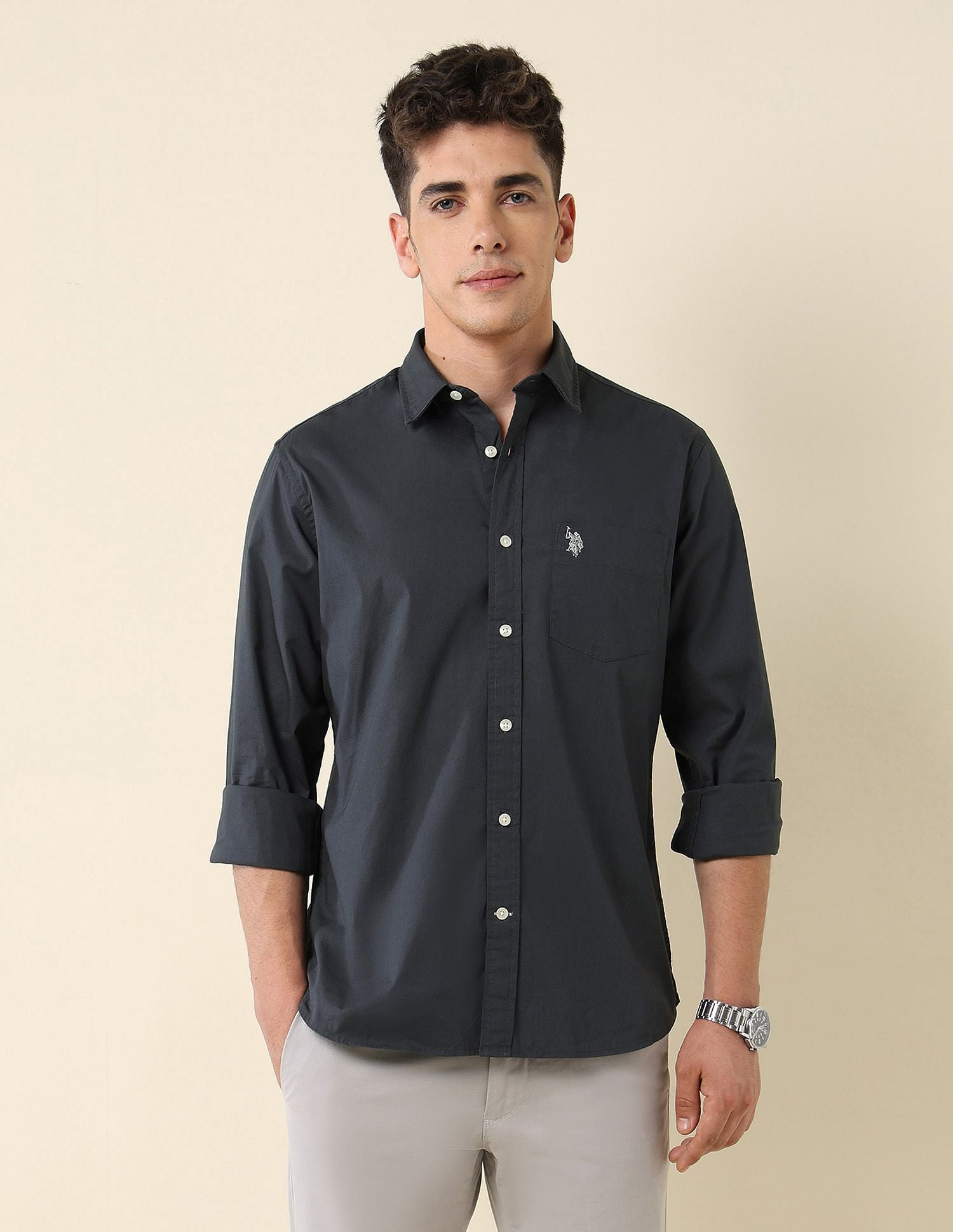 Poplin Solid Stretch Shirt Grey - U.S. Polo Assn. India | Large