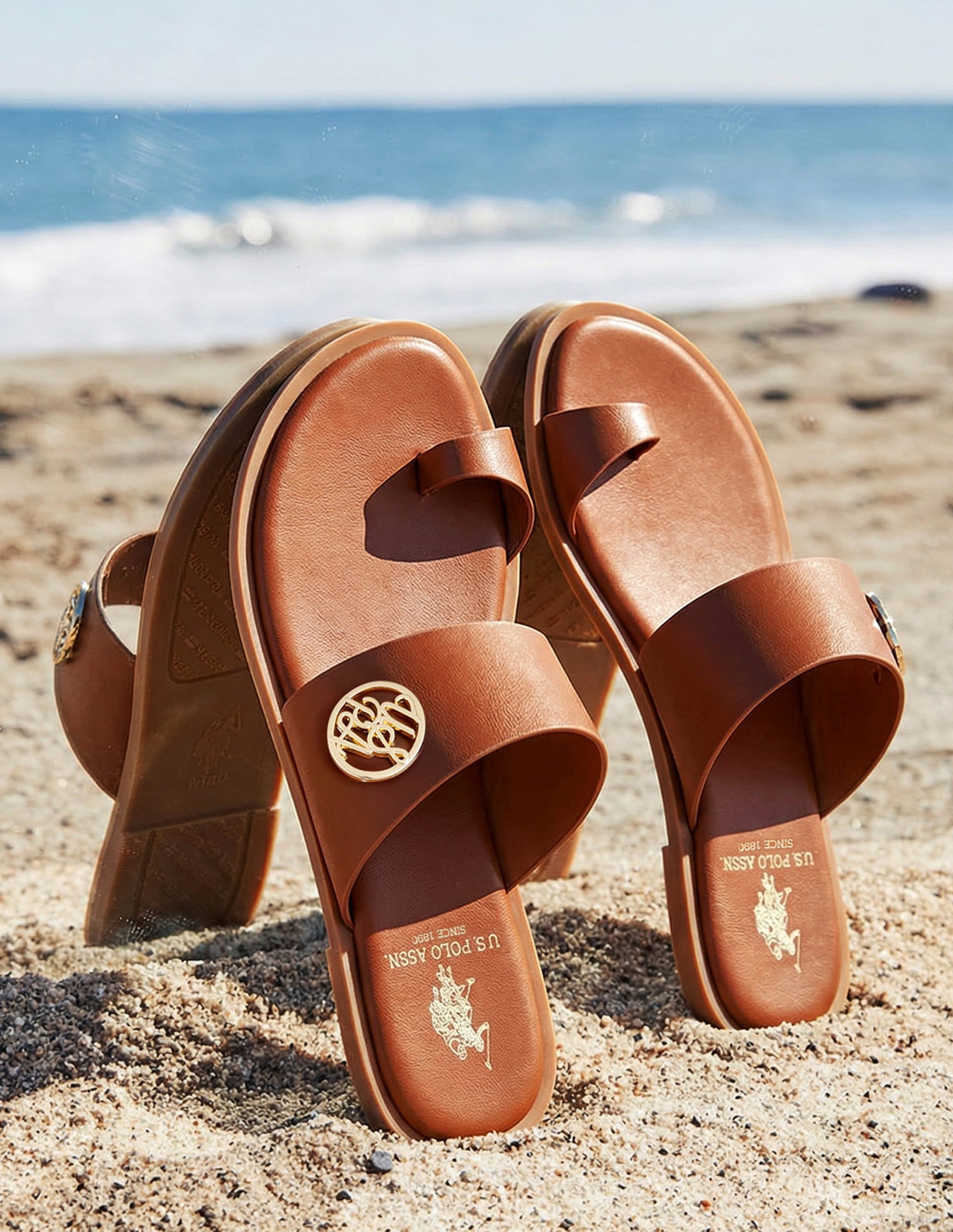 Women Slip On Astrel Sandals with Gold Hardware Tan - U.S. Polo Assn. India | Large