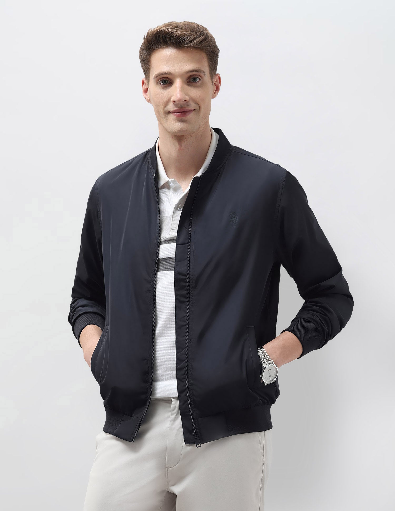 Solid Regular Fit Bomber Jacket