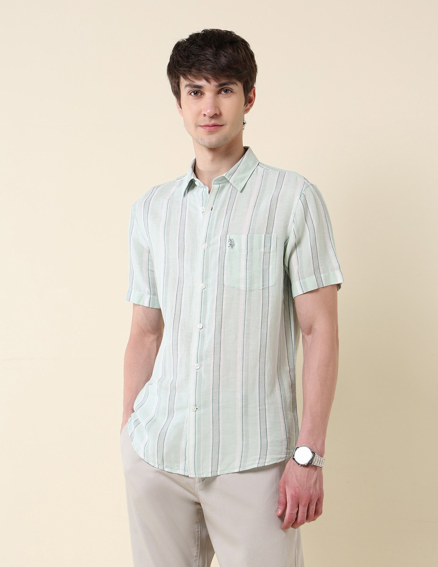 Vertical Striped Tailored Fit Shirt Green - U.S. Polo Assn. India | Large