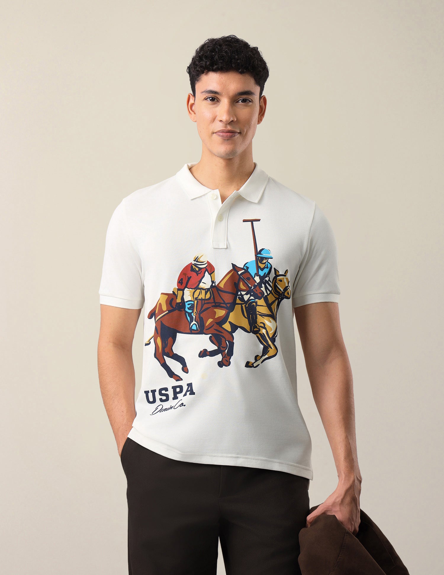 Graphic Brand Printed Slim Fit Polo Shirt Ivory - U.S. Polo Assn. India | Large