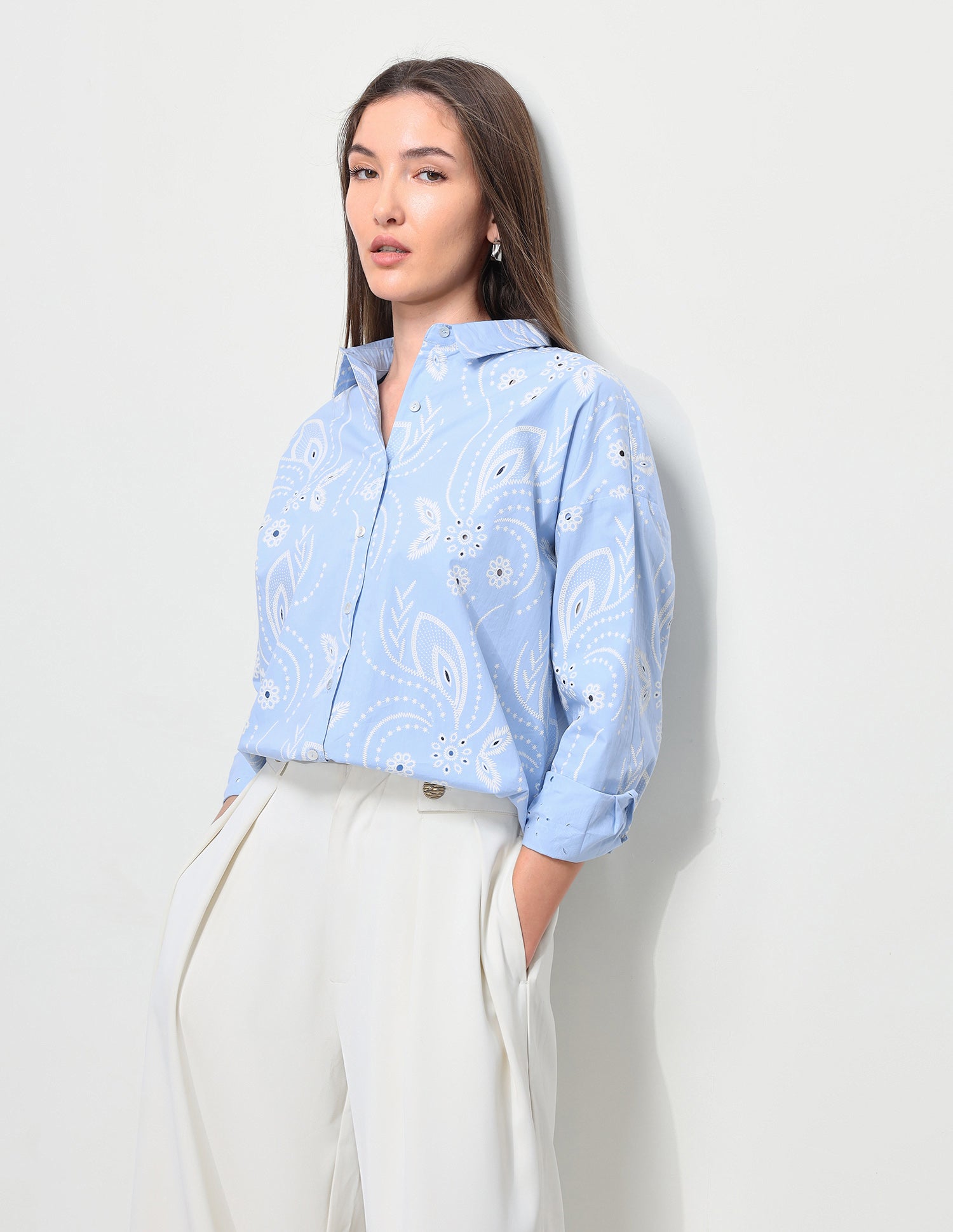Floral Printed Cut Work Oversized Fit Shirt