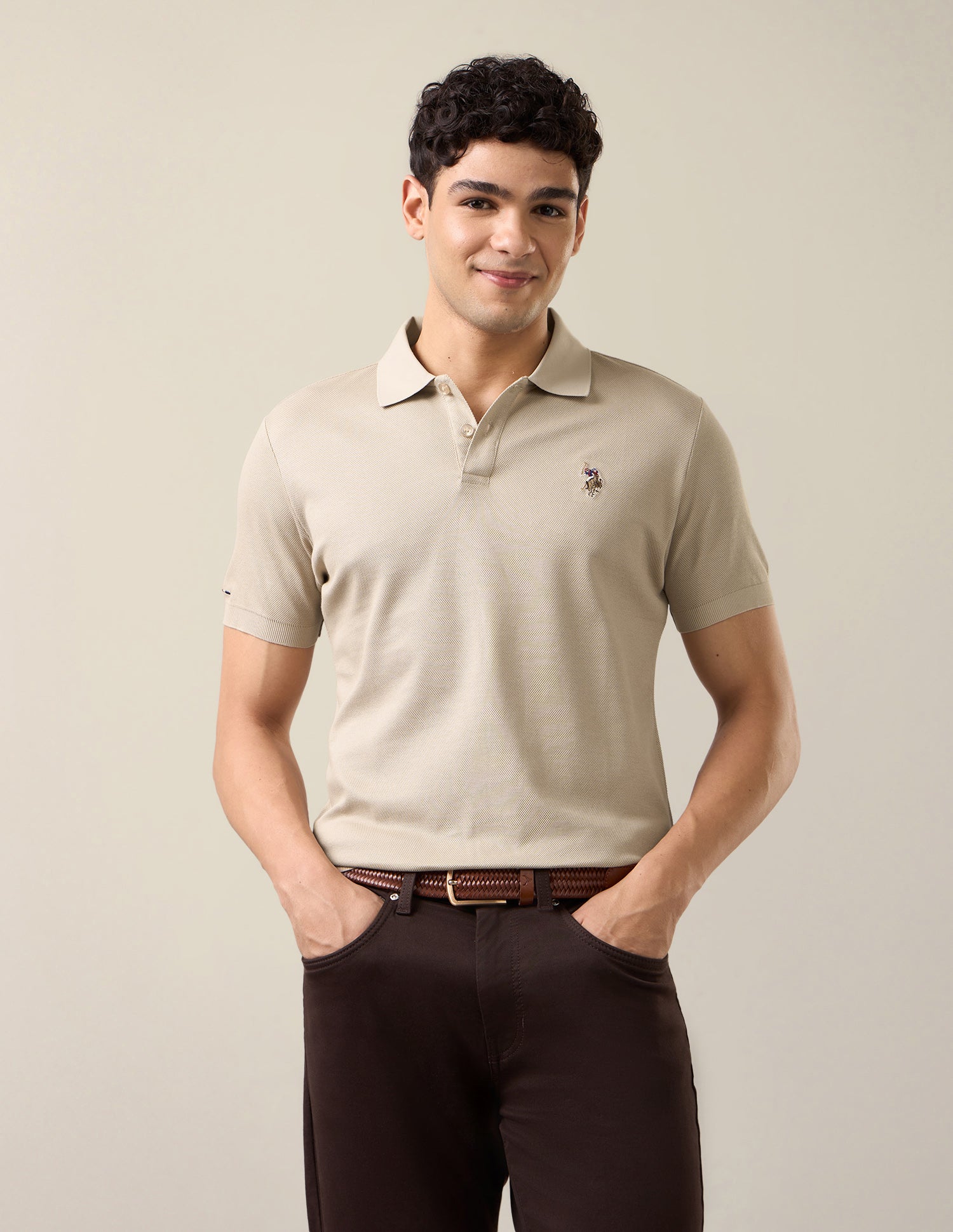 Solid Slim Fit Polo Shirt Beige - U.S. Polo Assn. India | Large
