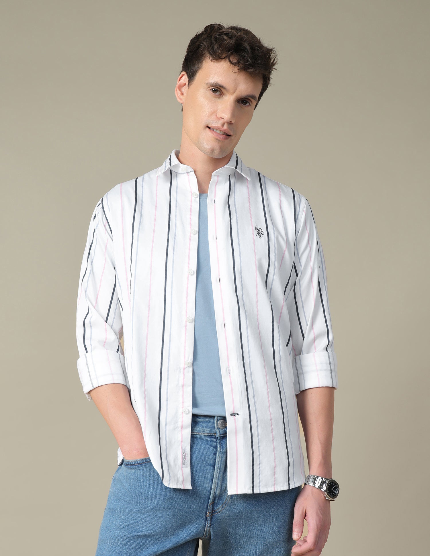 Vertical Striped Satin Shirt Light Blue - U.S. Polo Assn. India | Large