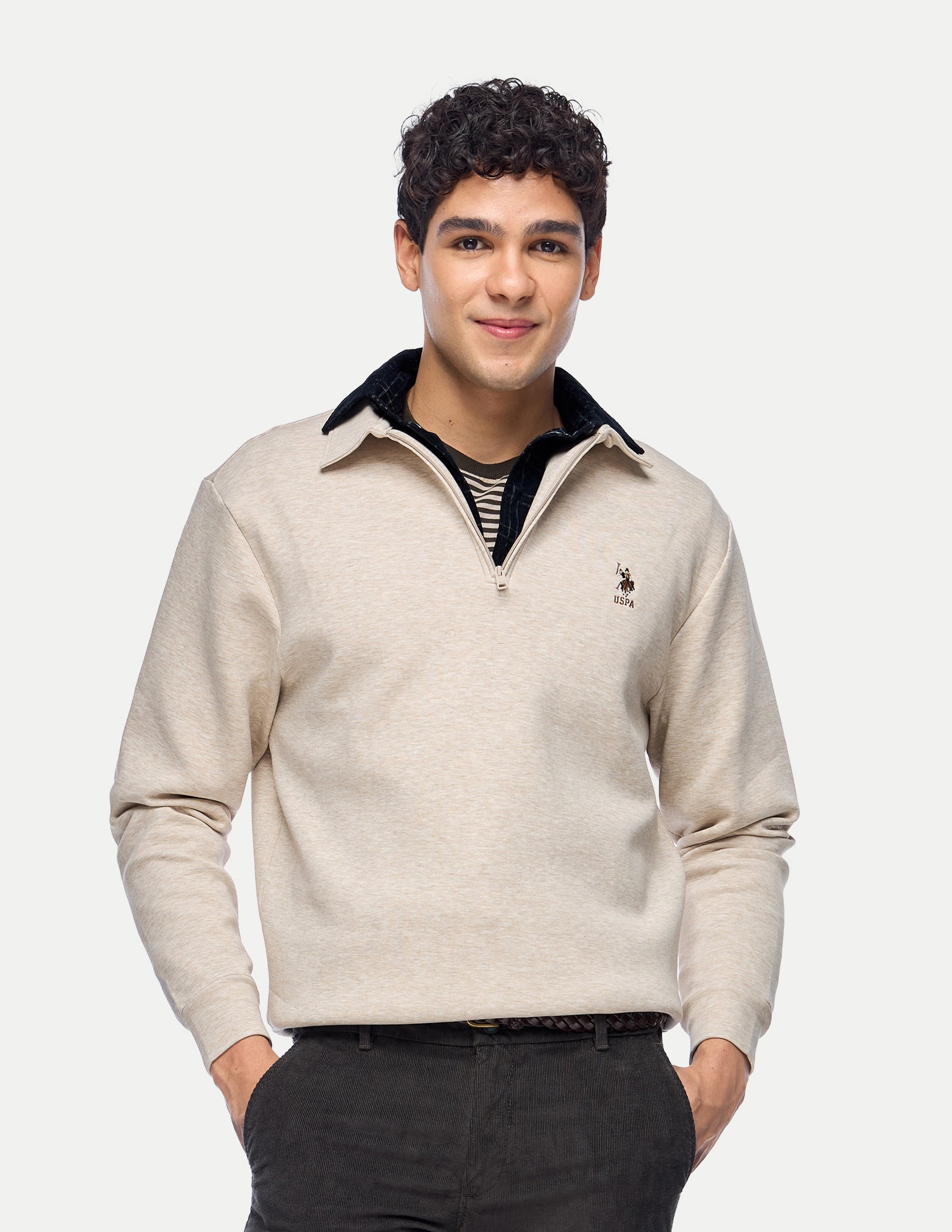 Heathered Slim Fit Sweatshirt Beige - U.S. Polo Assn. India | Large