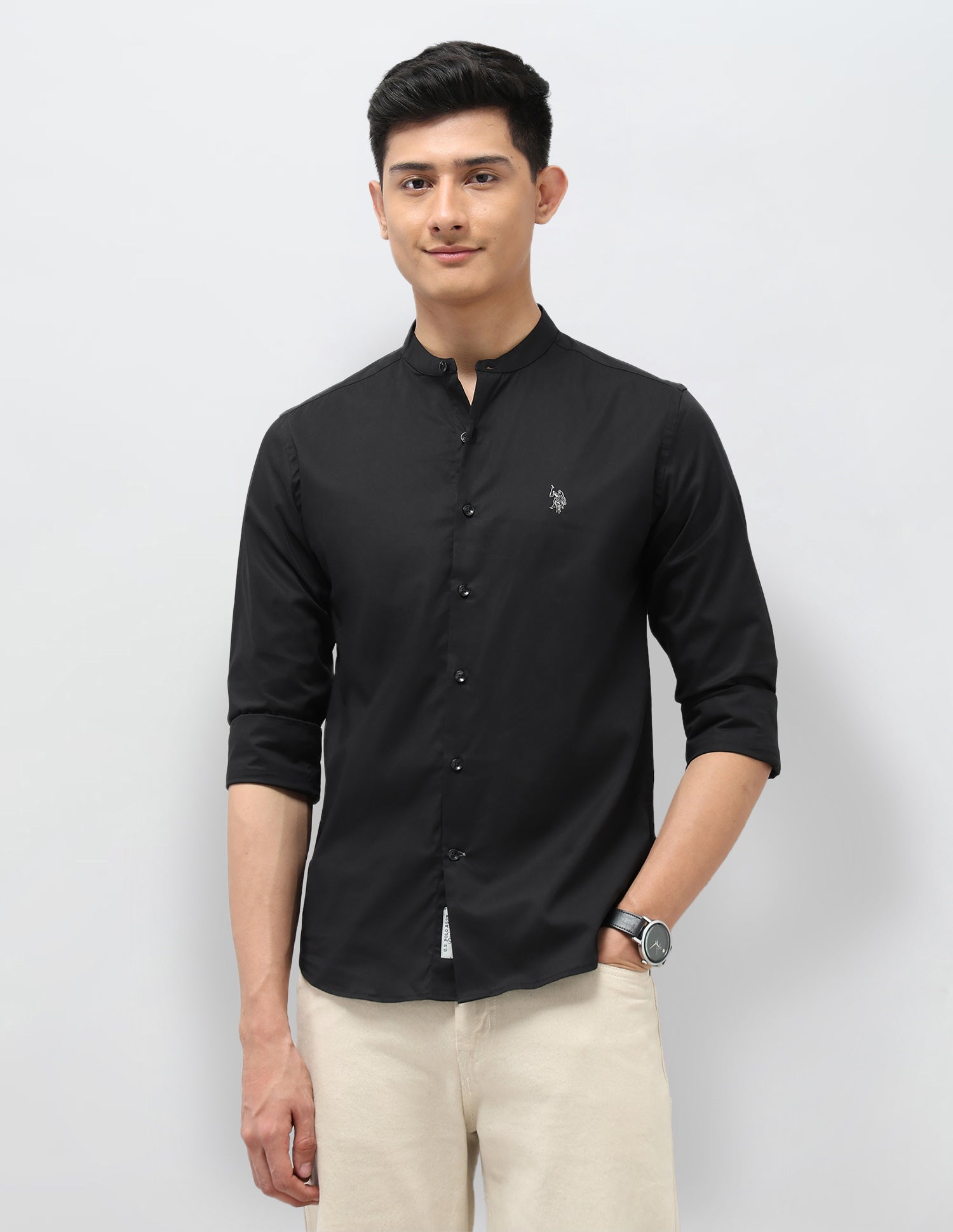 Solid Regular Fit Mandarin Shirt