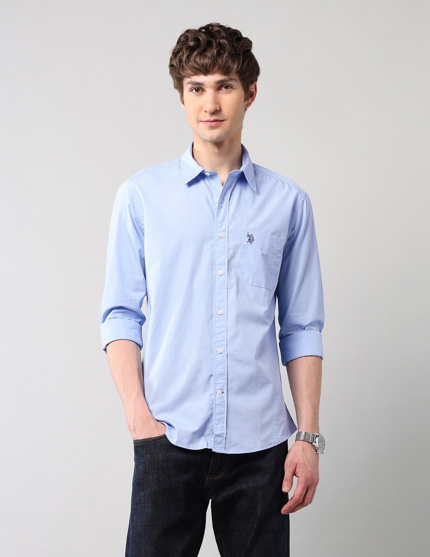 Pure Cotton Regular Fit Shirt Light Blue - U.S. Polo Assn. India | Large