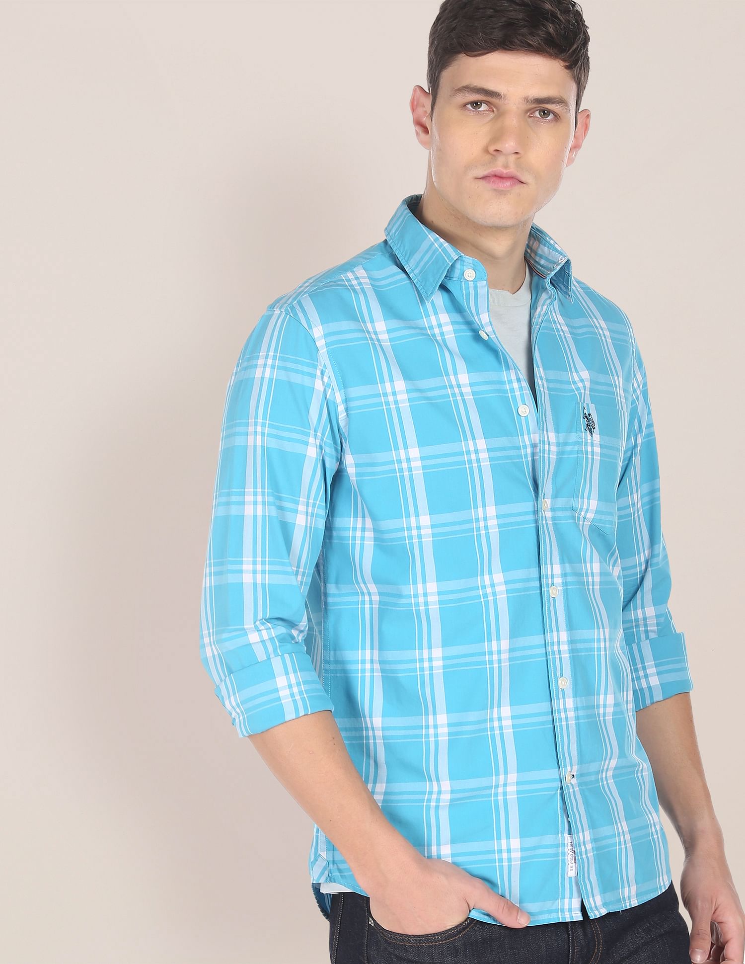 Men Blue Spread Collar Check Casual Shirt Aqua - U.S. POLO ASSN. | Large