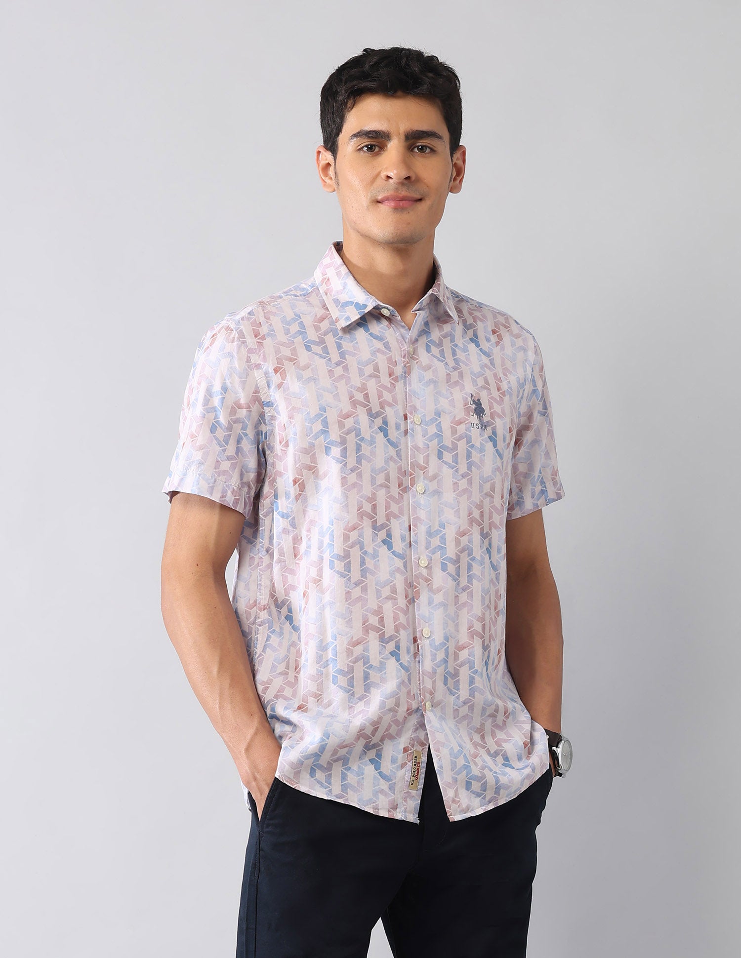 Geometric Printed Satin Regular Fit Shirt Blue - U.S. Polo Assn. India | Large